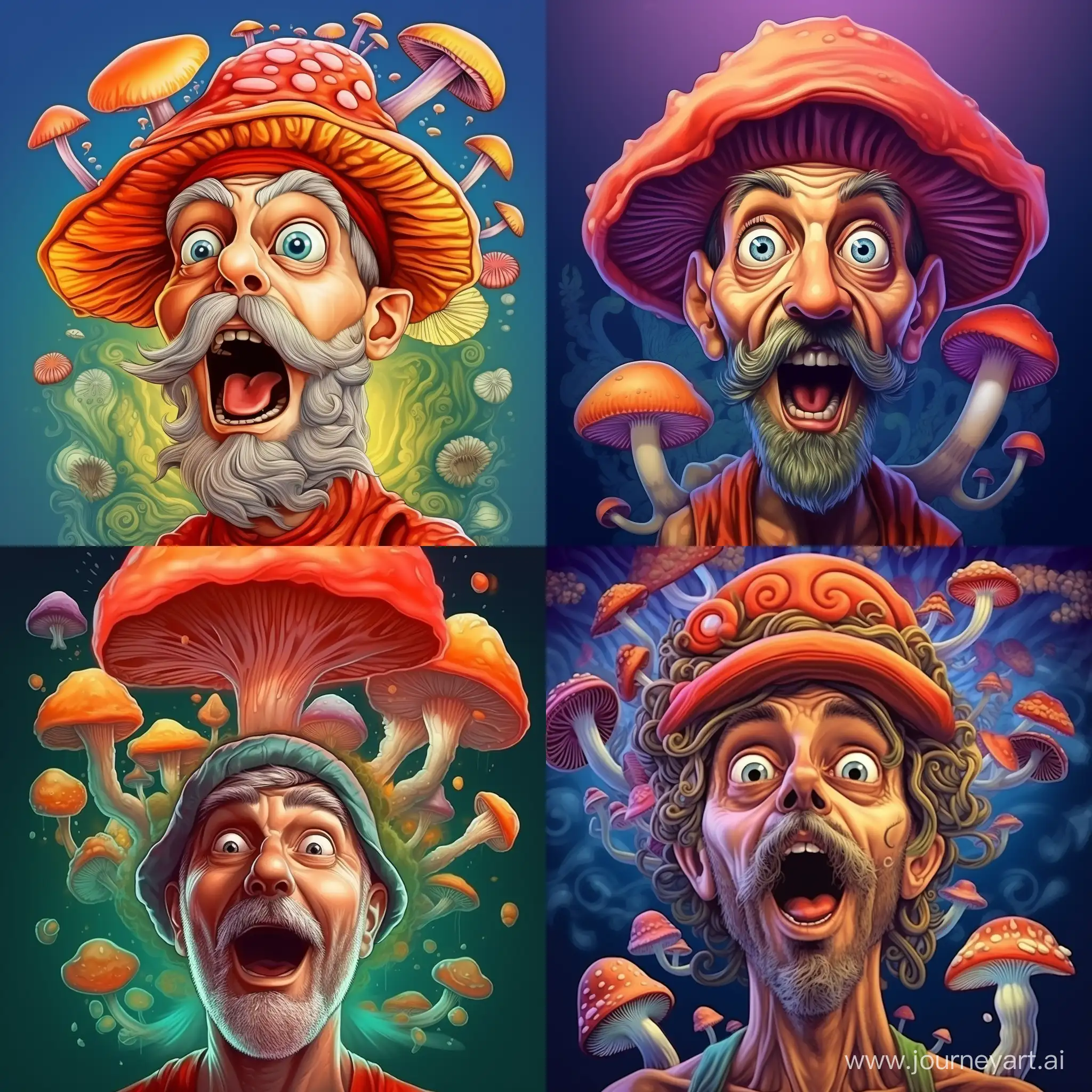 A man with eyes like spirals and a fly agaric hat on his head looks into the distance with his mouth open. A happy face. acidic colors. cartoon