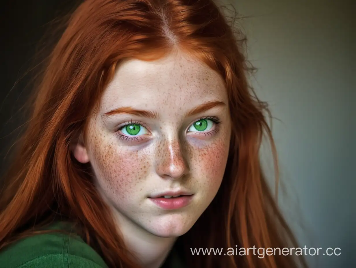Portrait-of-a-RedHaired-Teenage-Girl-with-Freckles-and-Green-Eyes