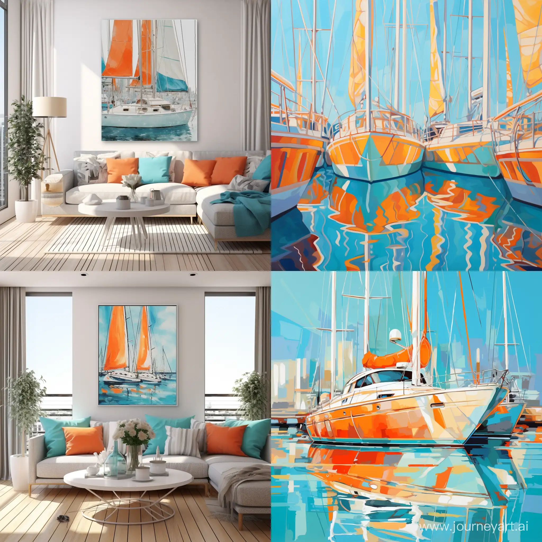 живопись в стиле Karen Stamper яхты в марине бирюзовый цвет, яркие цвета, оранжевый. белый