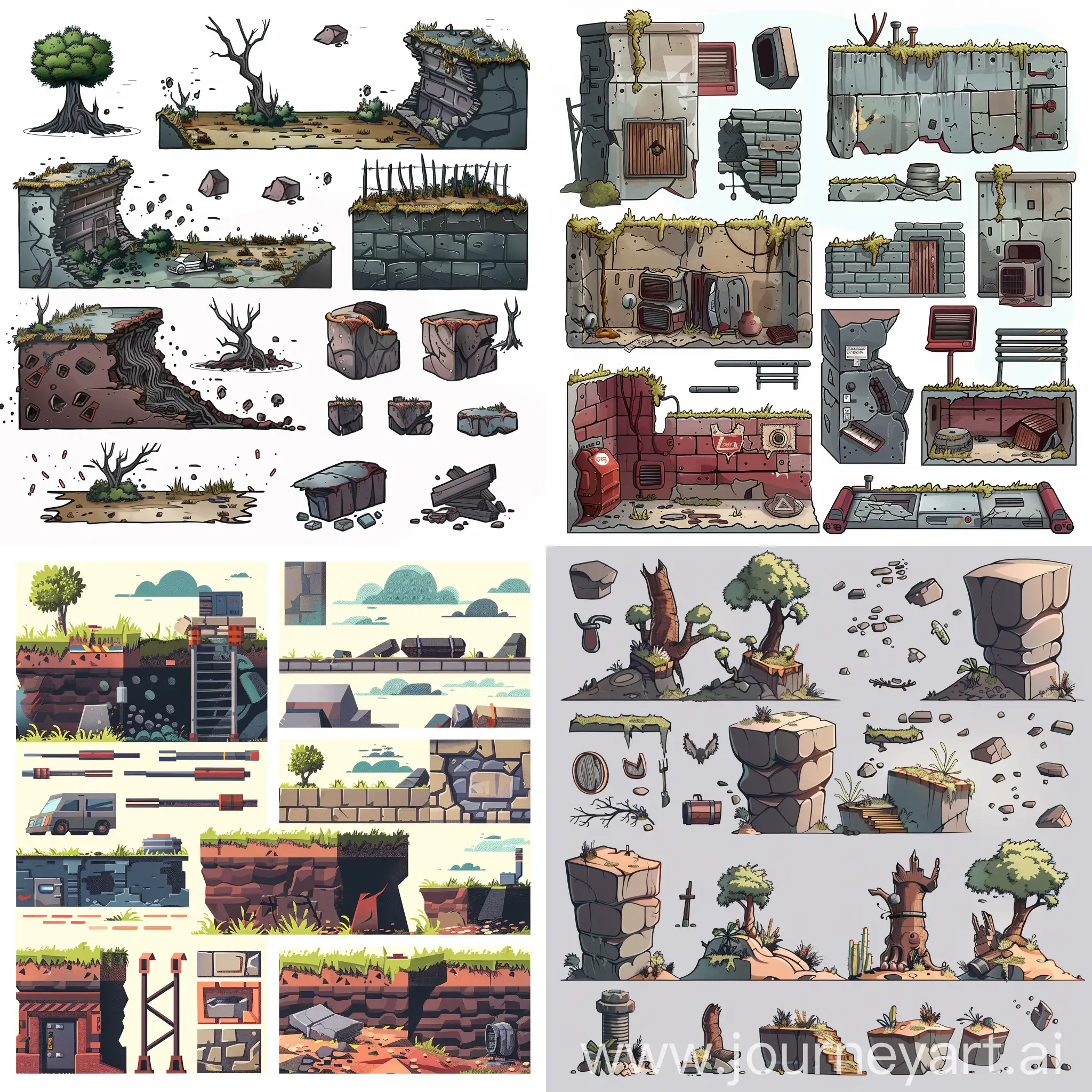 ground for 2D platformer in sectional view, a set of sprites for a 2D platformer, post-apocalypse,  unity, simple 2D illustration style