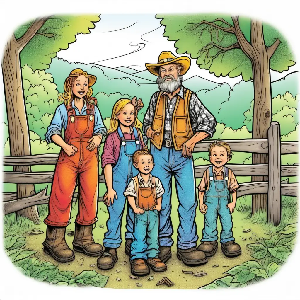  book page of, a hillbilly family, vivid color, line drawing