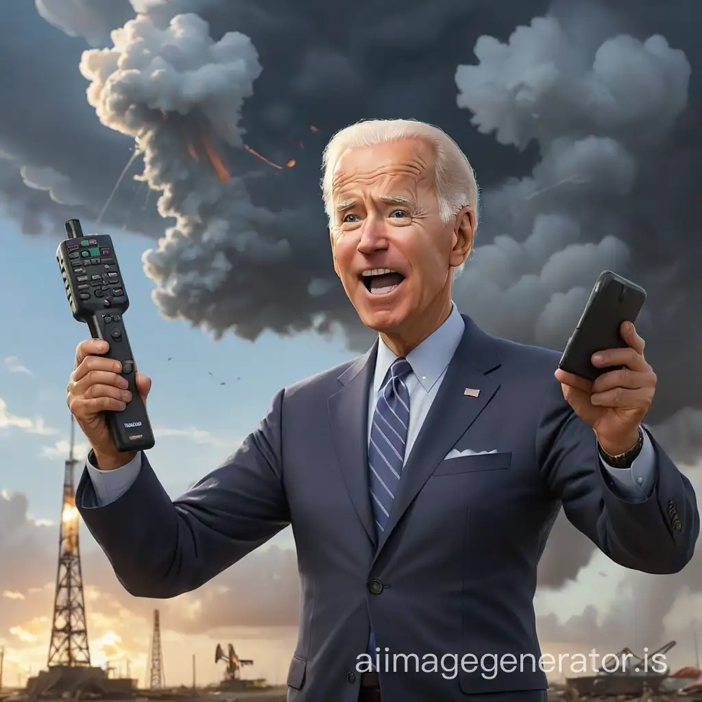 cartoon caricature of Joe Biden holding a remote up to the sky  in the background is a scene of a Tornado about to strike an oil drilling rig