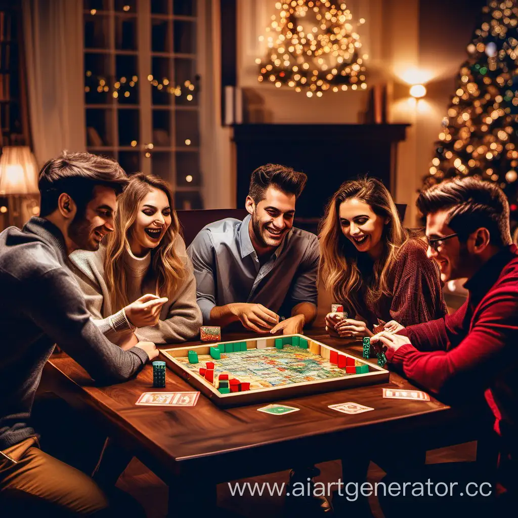 Joyful-Gathering-of-6-Friends-Playing-Board-Games-in-Lavish-Christmas-Setting