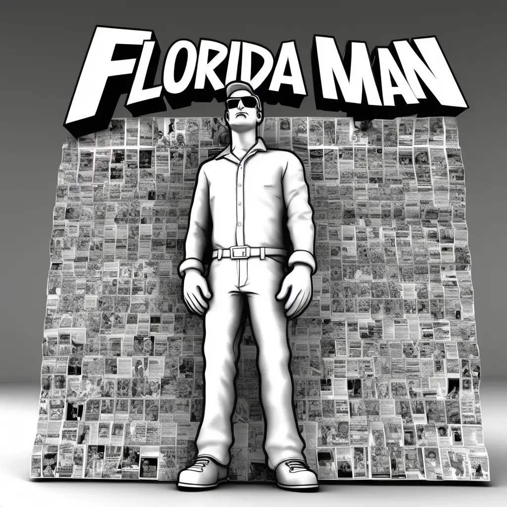 Florida Man 3D Comic Style Black and White Illustration