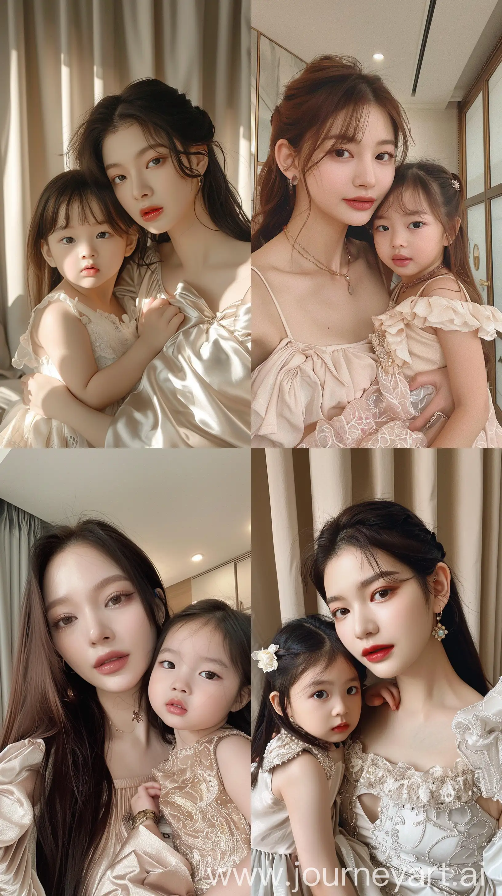 blackpink's jennie,holding 2 years old girl, facial feature look a like blackpink's jennie, aestethic selfie, aestethic make up, wearing elegant dress --ar 9:16 