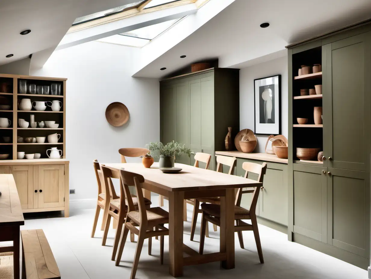 Floor to ceiling shaker storage, olive green.  chunky wooden table with modern chairs under a skylight