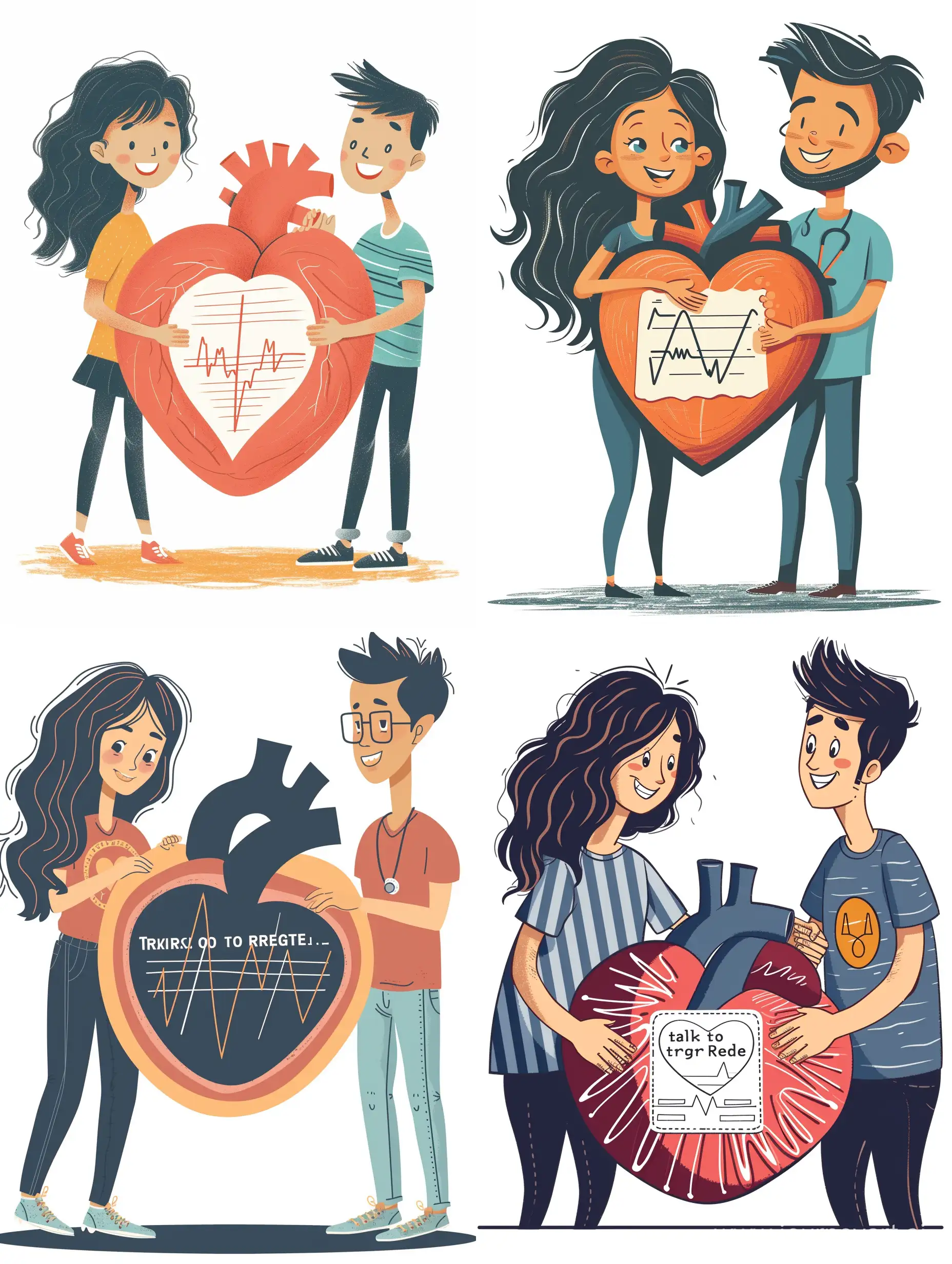 иллюстрация в медицинском стиле, девушка с темными волнистыми волосами благодарит за регистрацию, она вместе с парнем держит в руках большое сердечко, в сердечке изображена кардиограмма