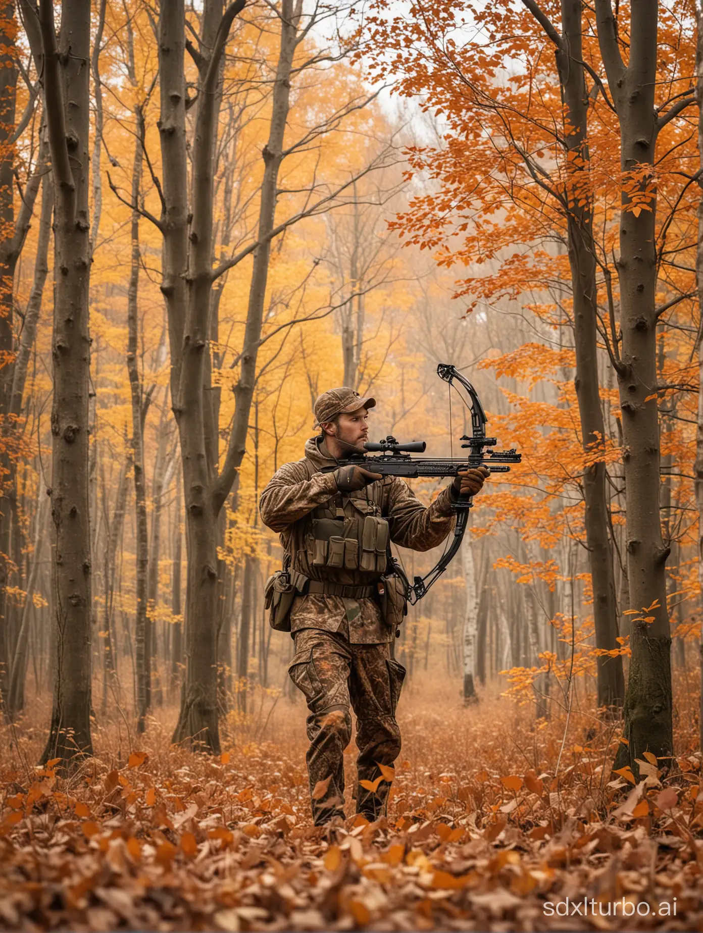 A man in a heavily camouflaged outfit, peeking on top of a hill in an autumn forest. He is carrying a compound bow, aiming at a deer in the distance. The scene captures the vibrant colors of autumn with red, orange, and yellow leaves scattered around. The man is mostly obscured by the tree, with only parts of his camouflaged gear visible, blending into the surroundings. The deer is alert, standing in a clearing, surrounded by fallen leaves.