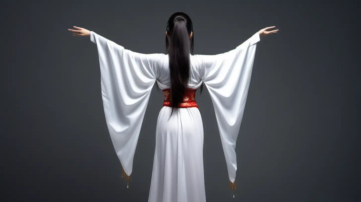 Movie style: Chinese girl, white costume, long hair shawl, arms akimbo, back view, real-life style, gray background