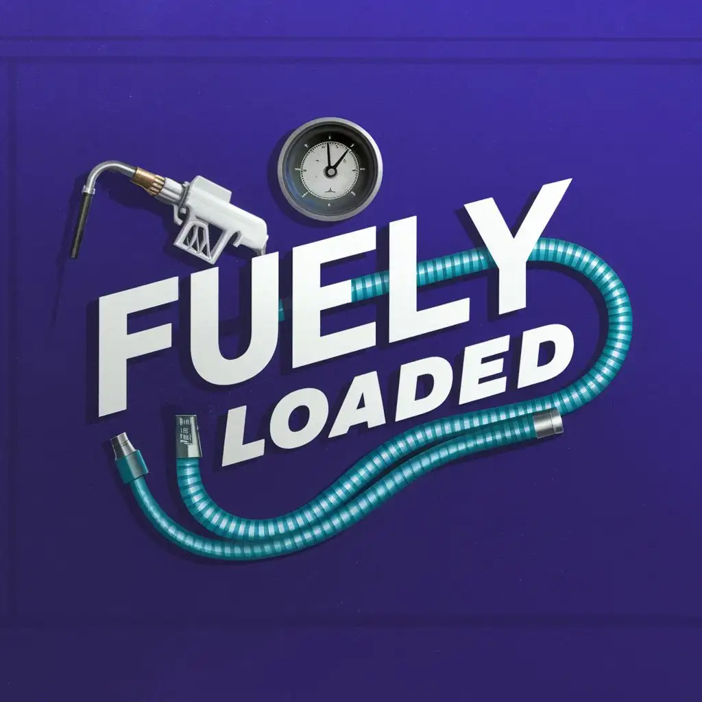 logo, Hose spelling Fuely 
Fuel Pump Nozzle
gauge

blue, with the text ""Fuely Loaded"", typography