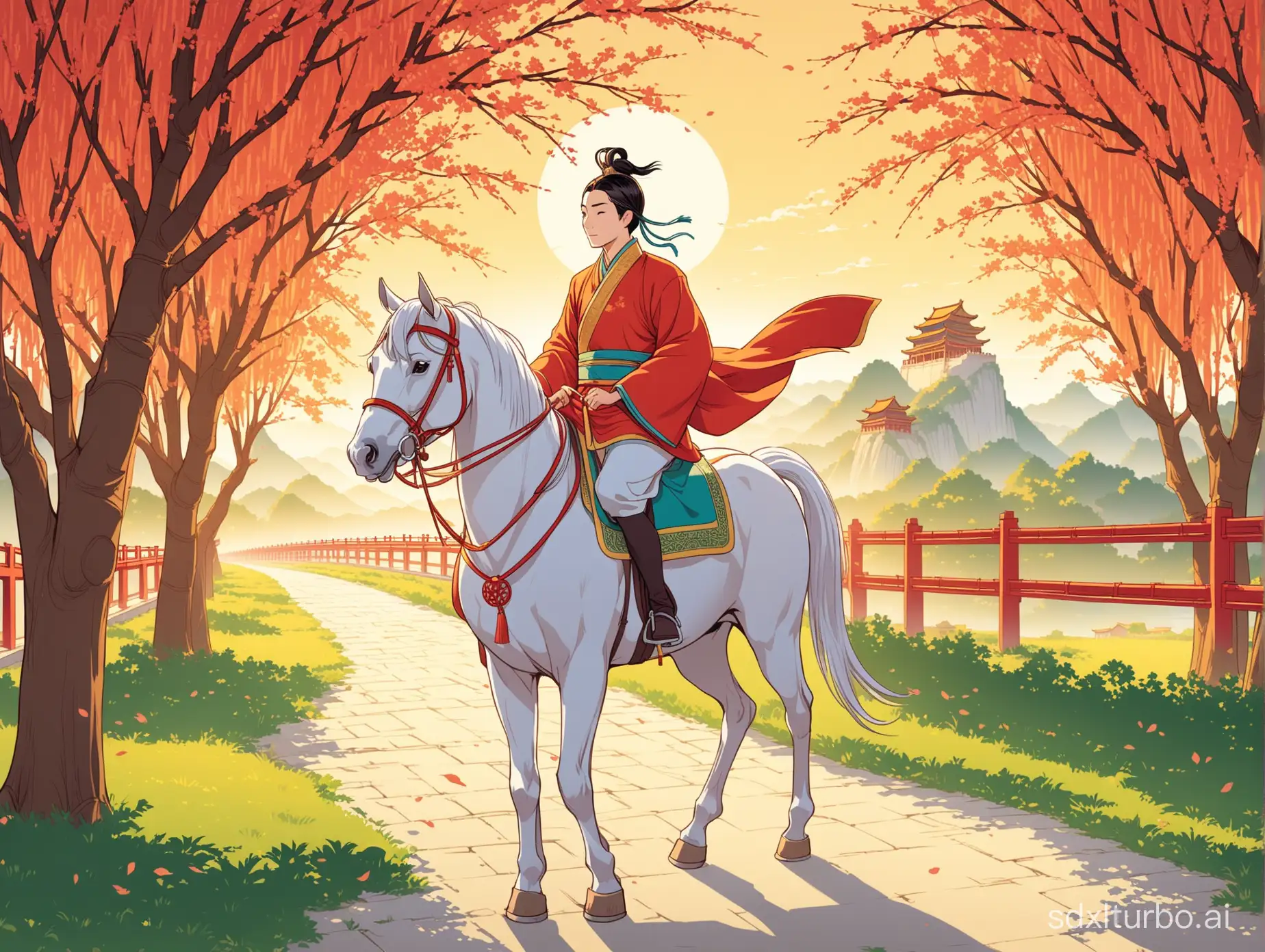 古时一个秀才进京赶考,骑着马,在路上,柳树,卡通,动漫