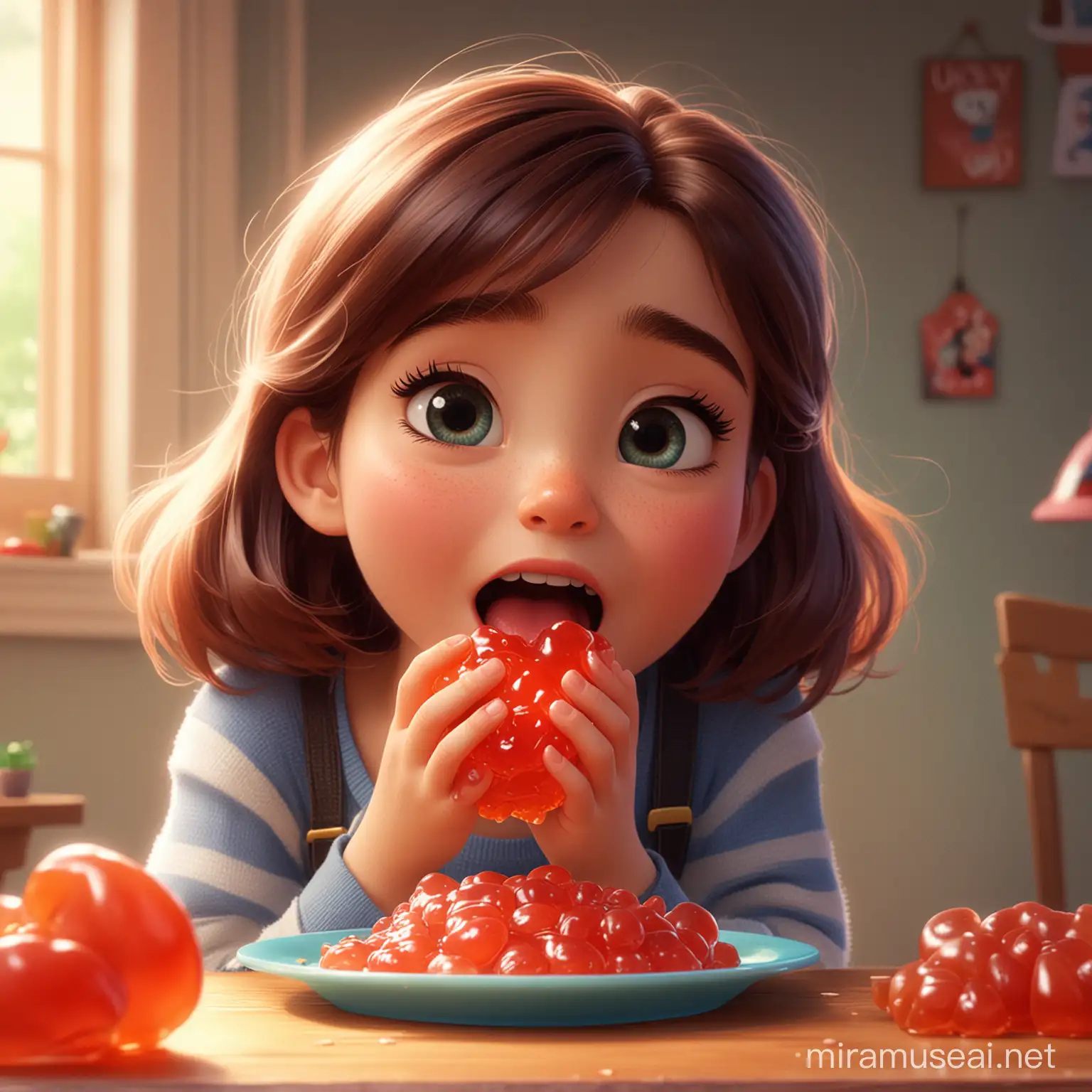 Girl Enjoying a Colorful Jelly in Disney Pixar Style