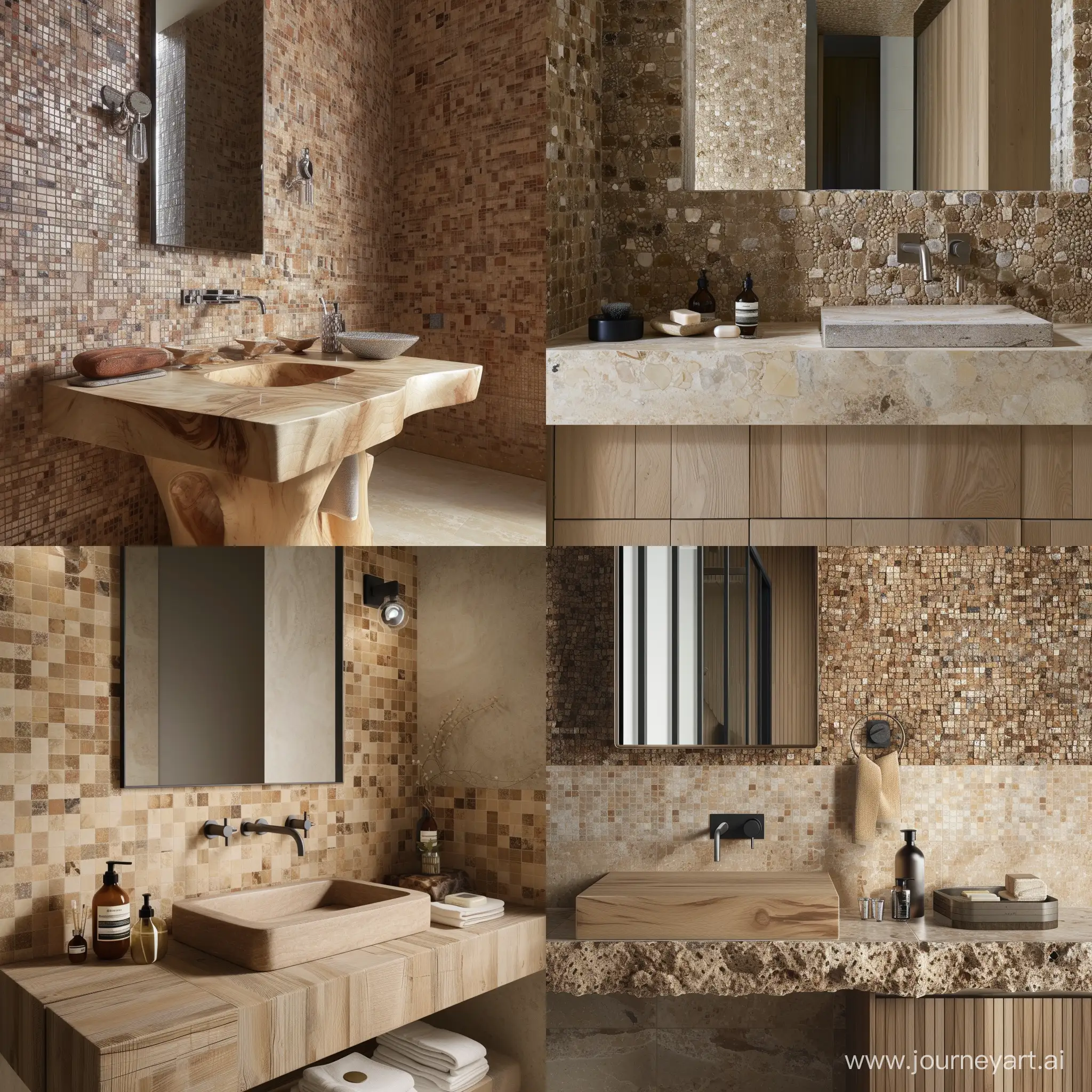bathroom with sink in natural wood and stone texture. Walls with small couloured feature tiles. Mirror  natural light bathroom accessories on the sink top light floor