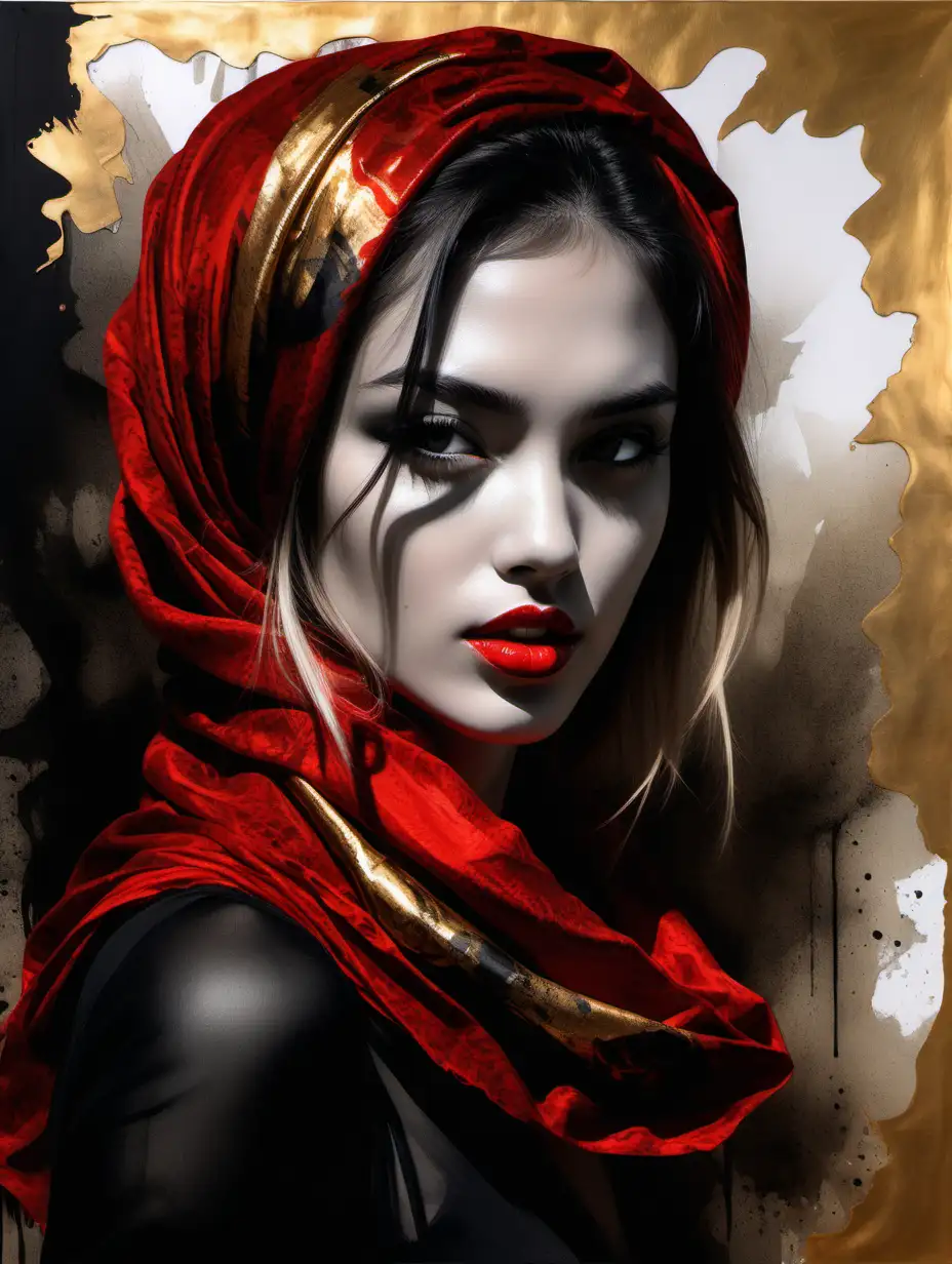 Sultry Girl Portrait with Red Scarf in Modern Ink Wash Style