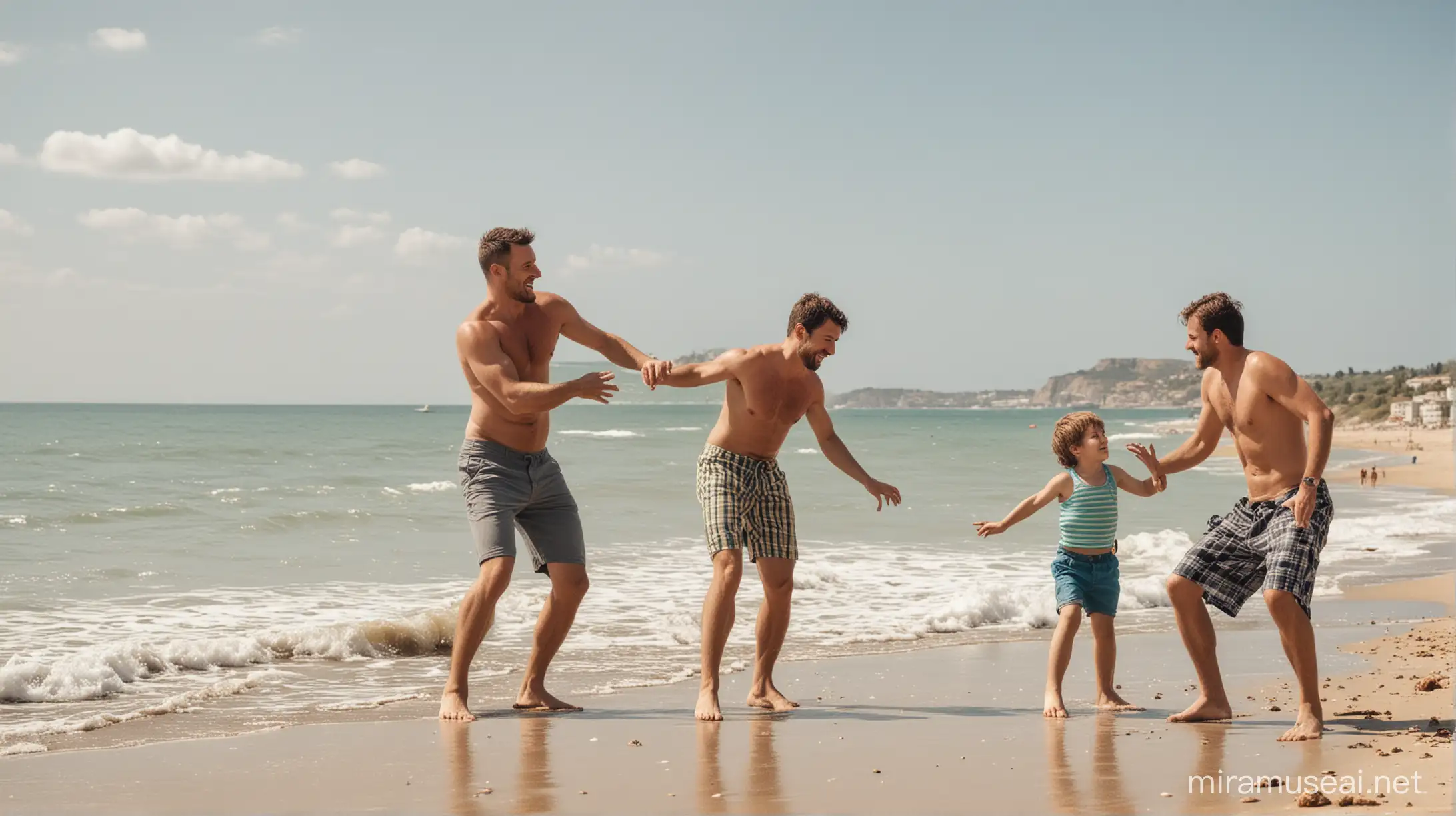 Man Playing with Little Boys on Sunny Beach