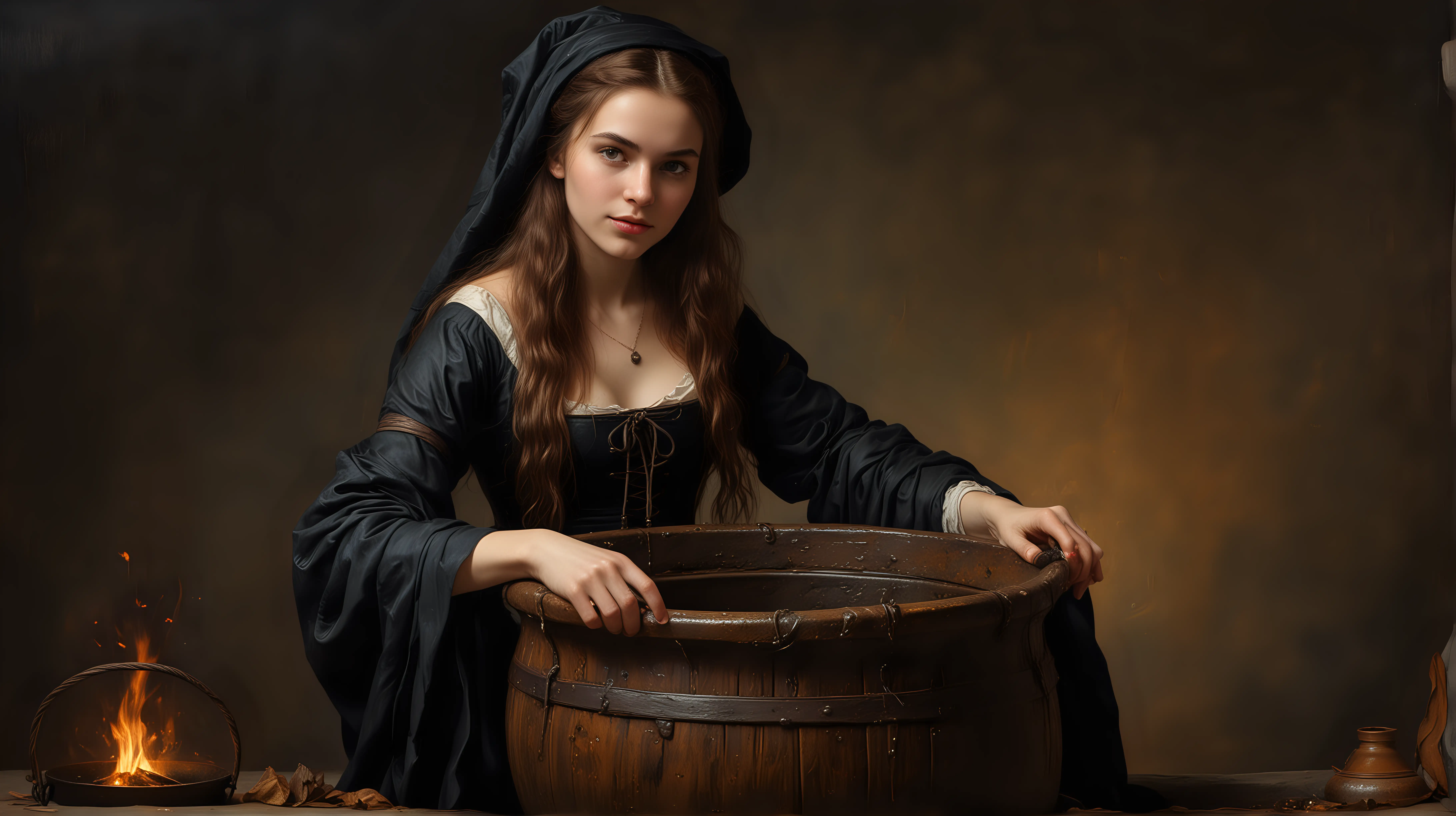 Beautiful 20 year old witch woman, at a cauldron, full body, 1490s, old masters oil painting