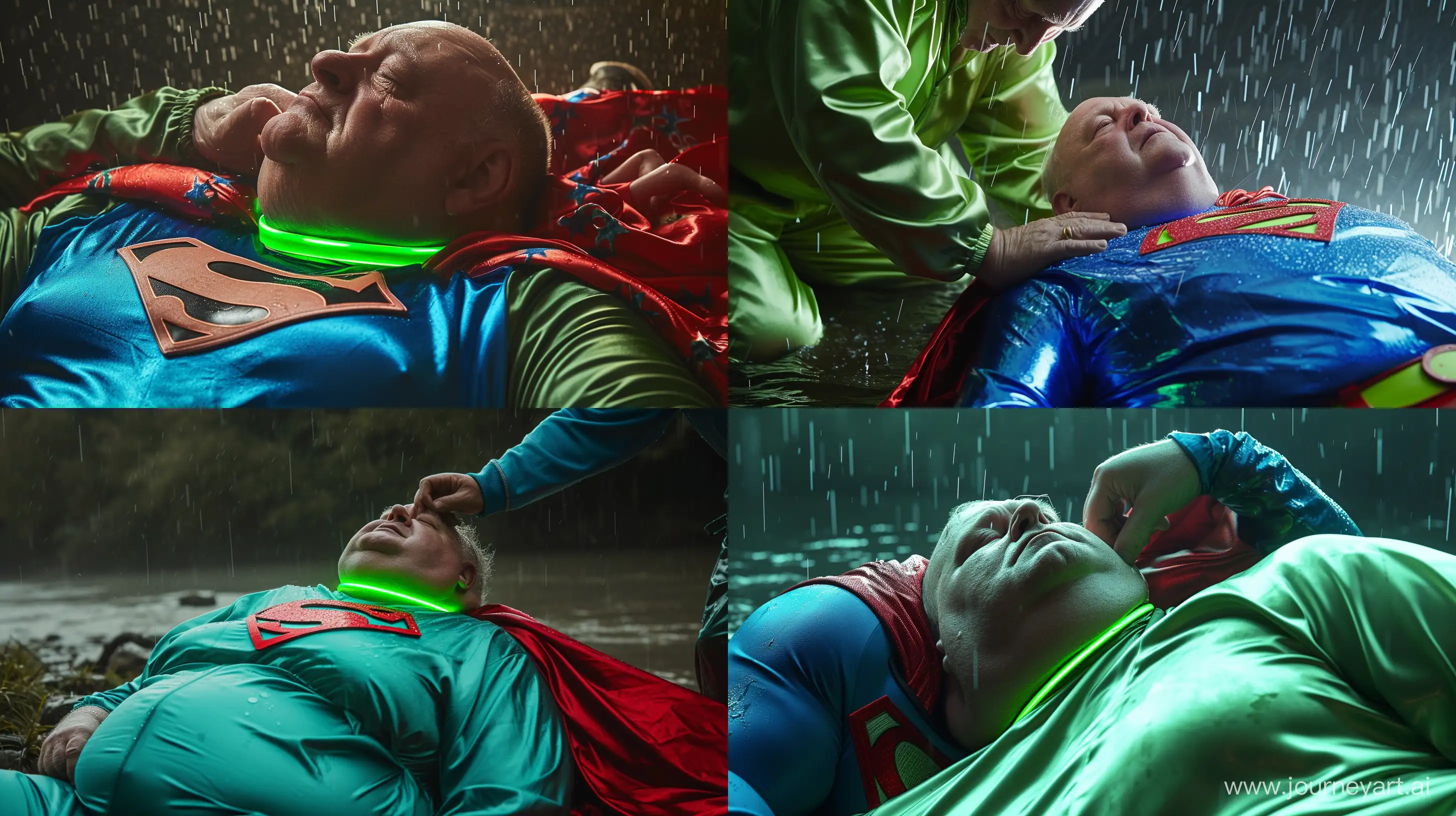 Close-up photo of a fat man aged 60 wearing a bright green silk tracksuit. He is tightening a tight green glowing neon dog collar on the neck of a fat man aged 60 wearing a tight blue 1978 smooth superman costume with a red cape lying in the rain. Natural Light. River. --style raw --ar 16:9