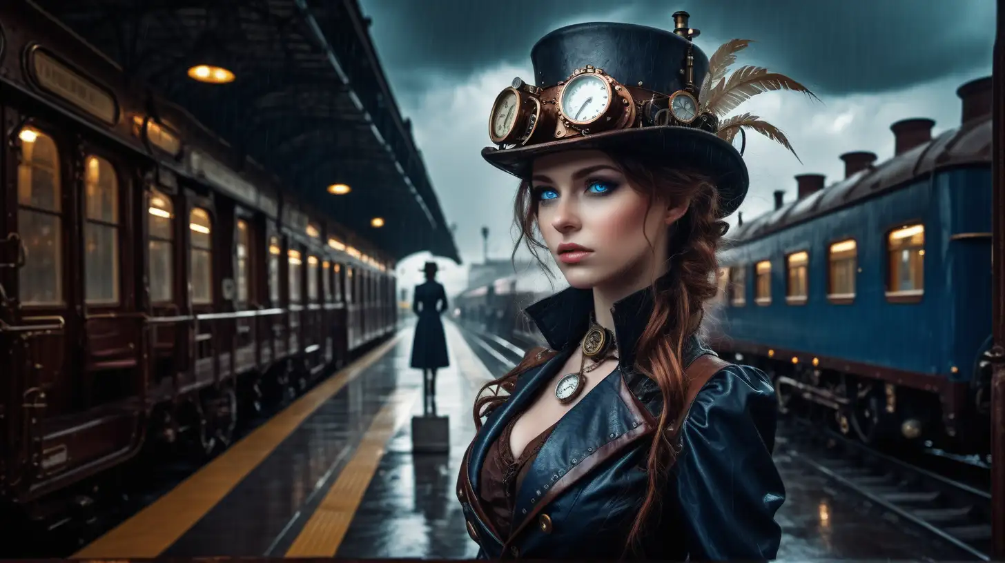 Elegant Women in Steampunk Train Station Await Amidst Soft Rainy Darkness