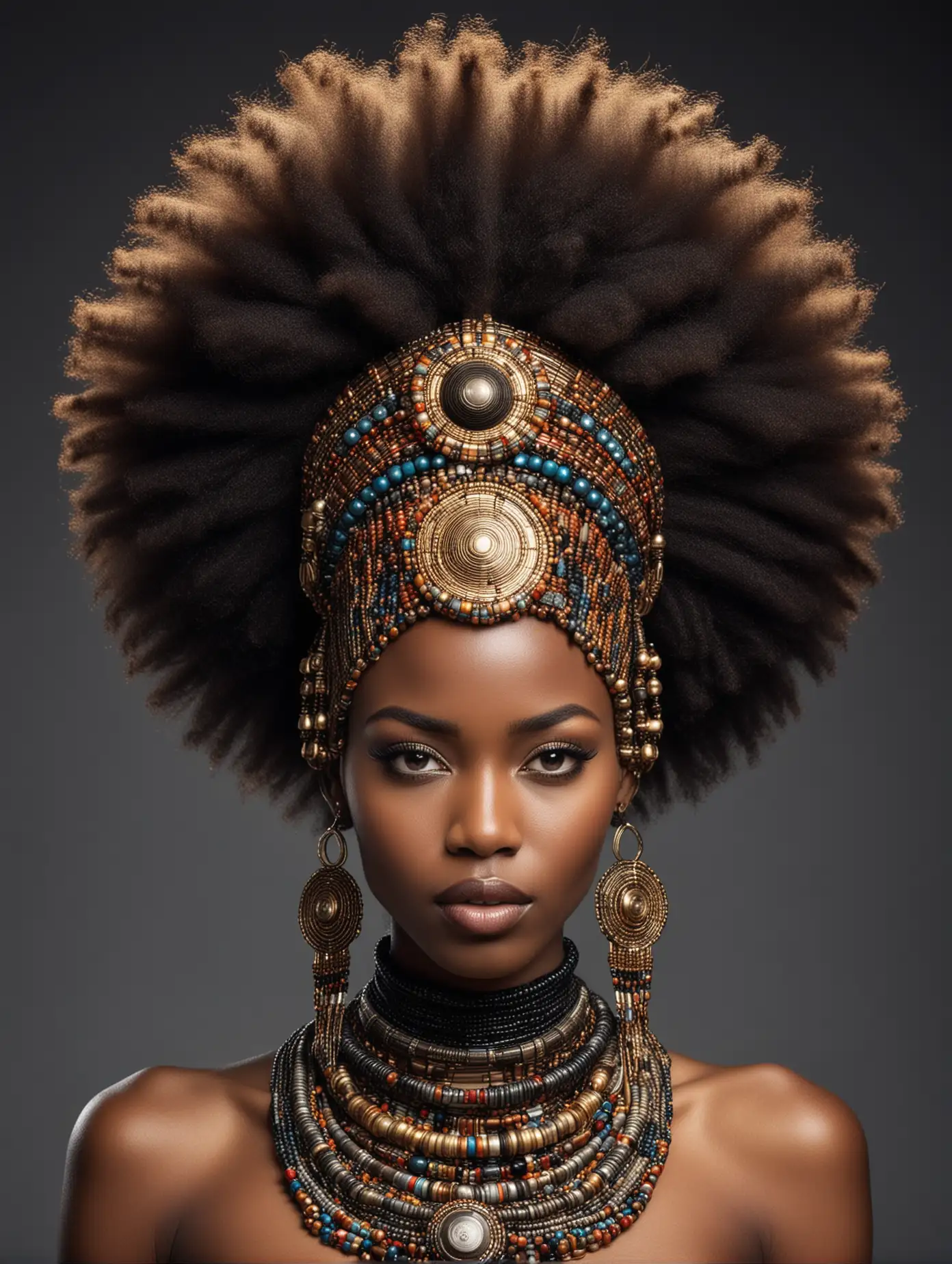 Beautiful African woman with big afro futuristic head piece made with african hair, beads and beautiful tribal jewellery