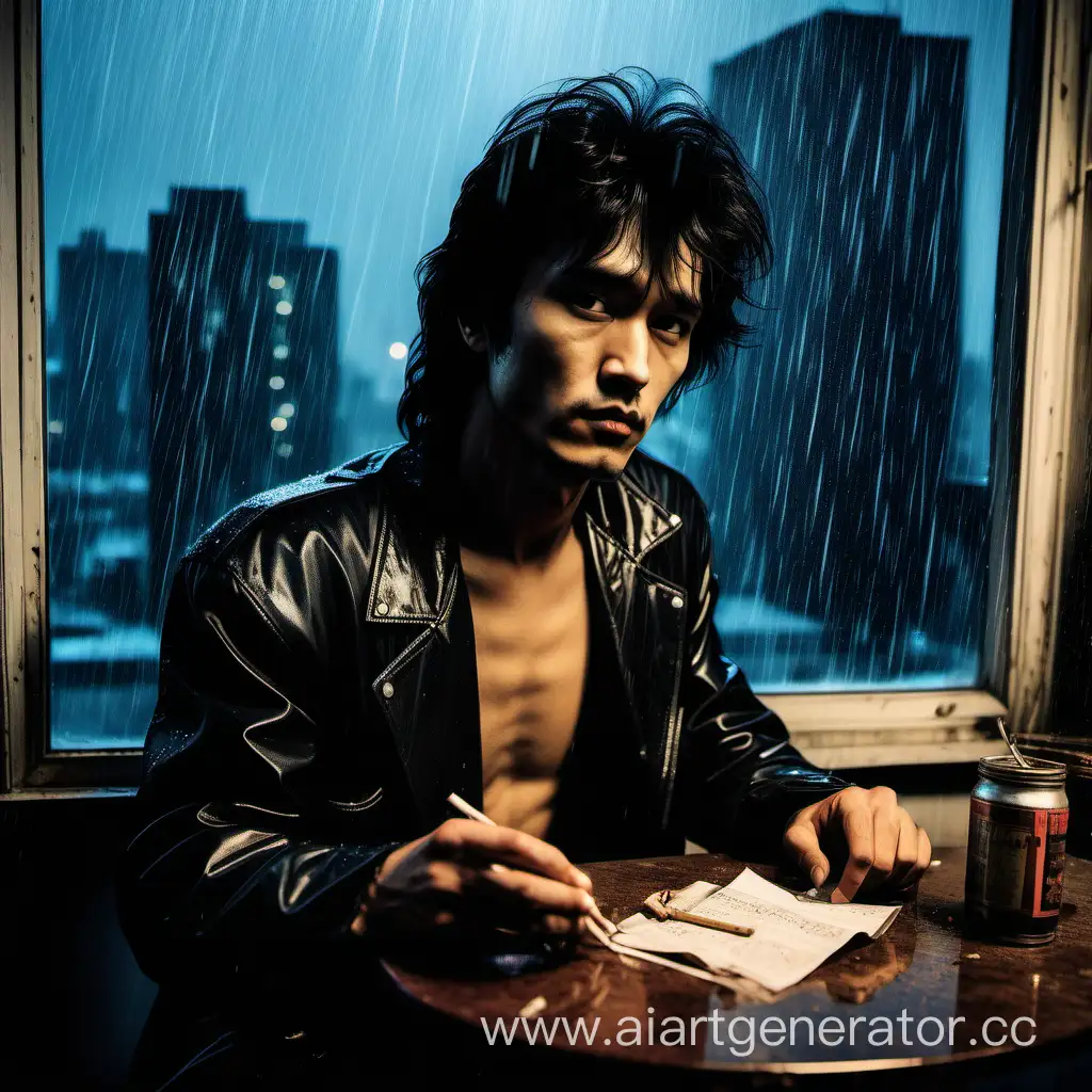 создай обложку для музыкального альбома черноволосый виктор цой сидит за столом и курит а за окном идет дождь