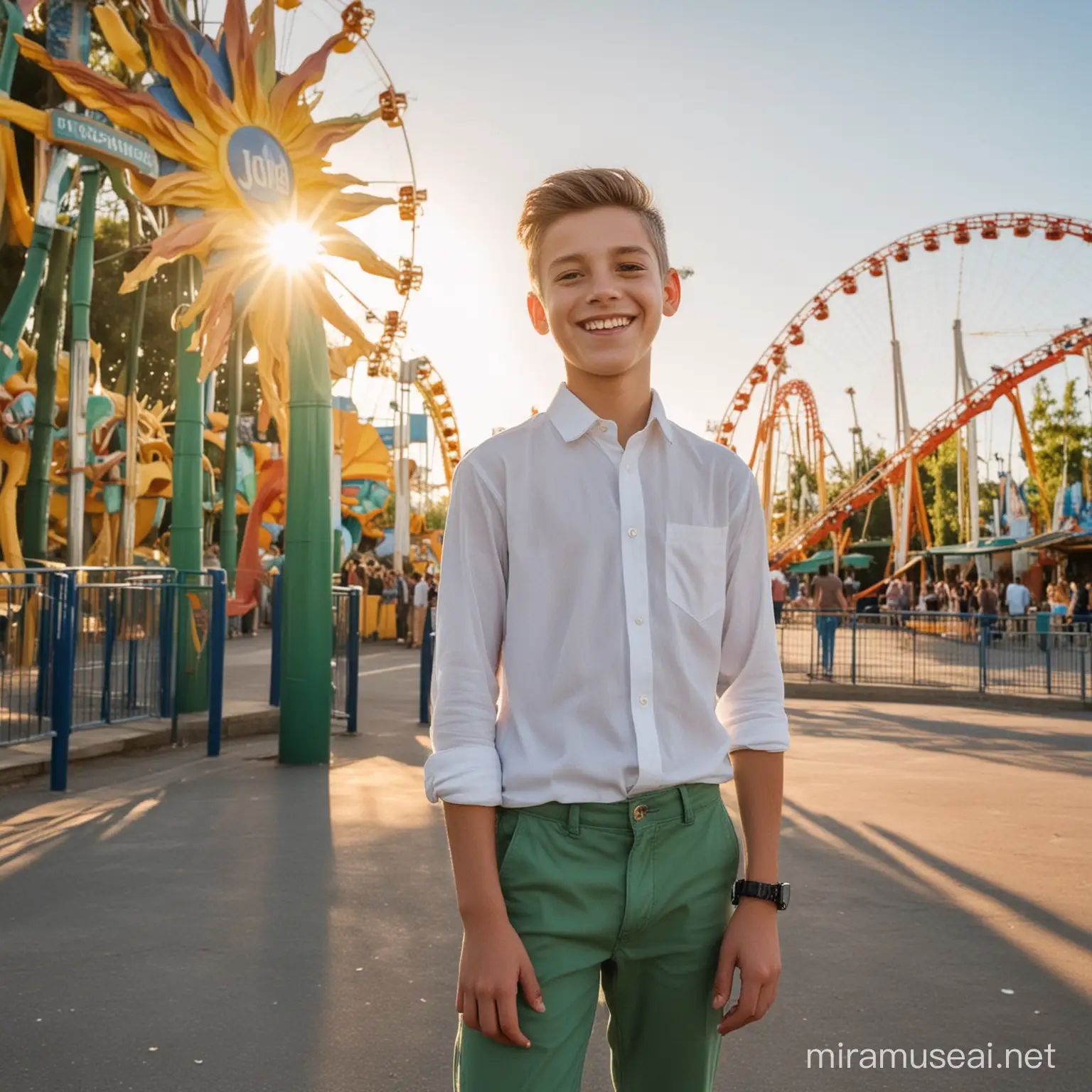 Generate the image of a boy who is 14 years old boy. His skin is white in colour. He should be in a theme park . He should wear a shirt in green colour and trousers in bule colour wearing shoes. He is looking at the camera smiling.The sun is shining on his face. He should be standing in a theme park.