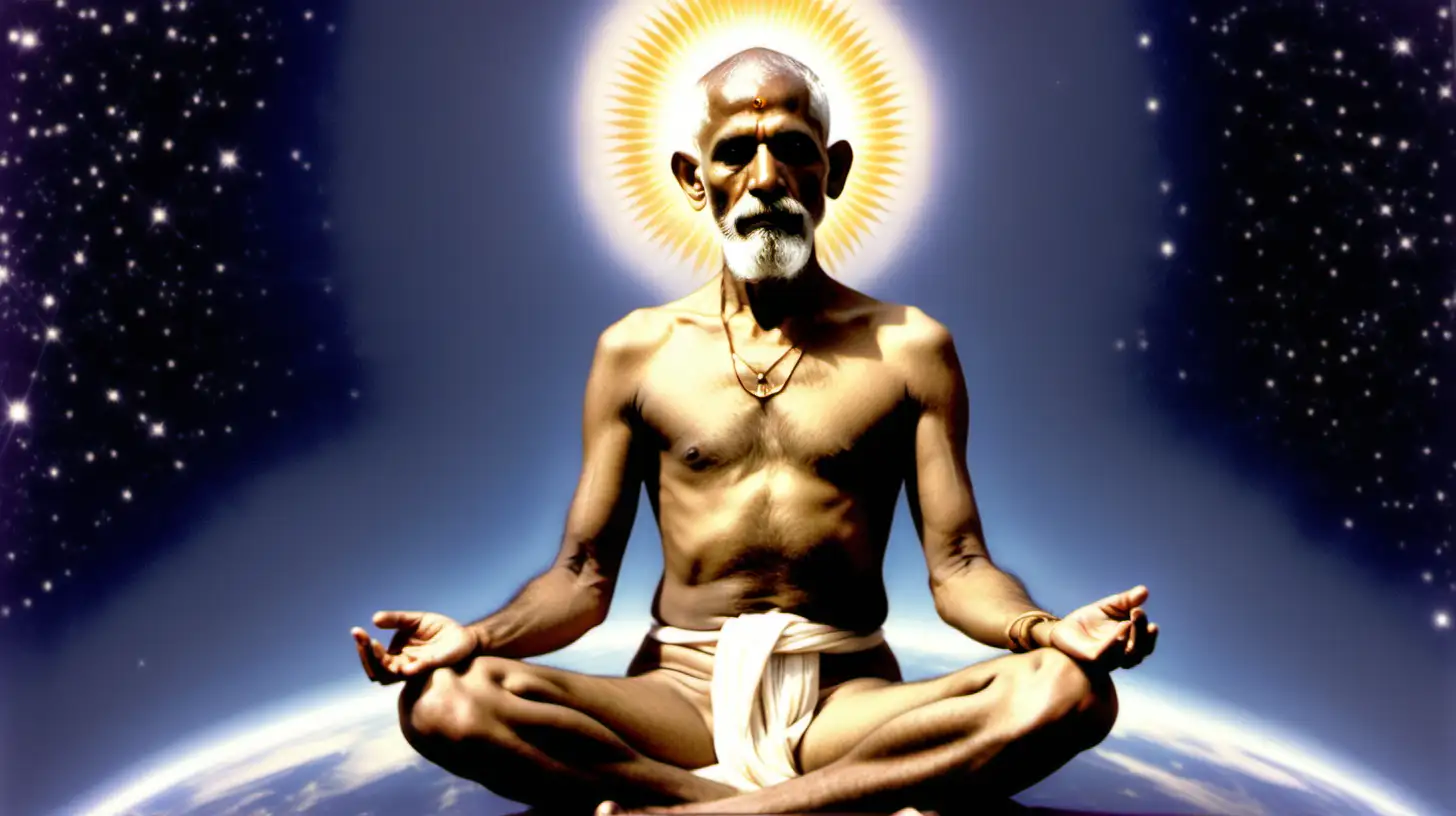 Enlightened Guru Ramana Maharshi Meditating in Celestial Serenity