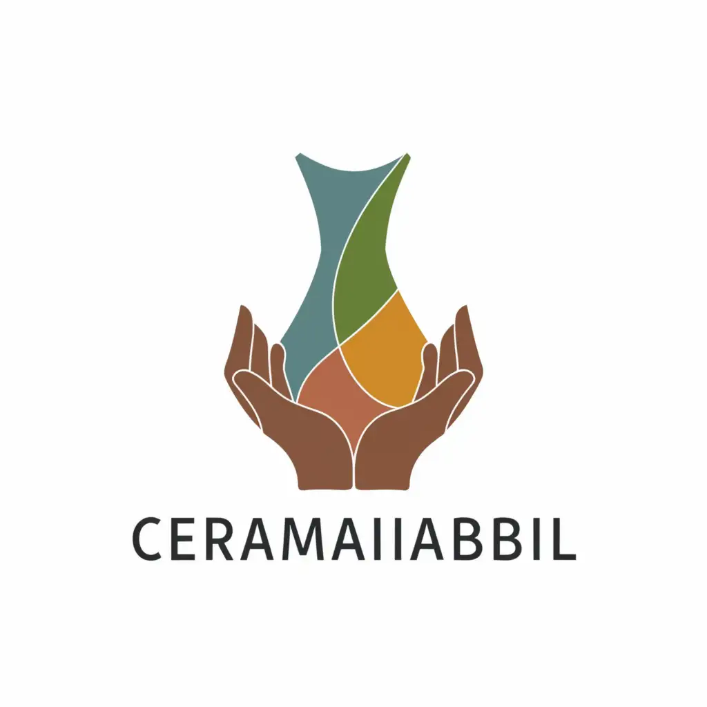 a logo design,with the text 'CeramicAbili', main symbol:generates a logo representing an abstract shape that recalls the silhouette of a ceramic product or vase with the hands that shape it suggest the artistic and creative nature of ceramics, while the color of majolica and social inclusion of disabled people,Moderate,clear background