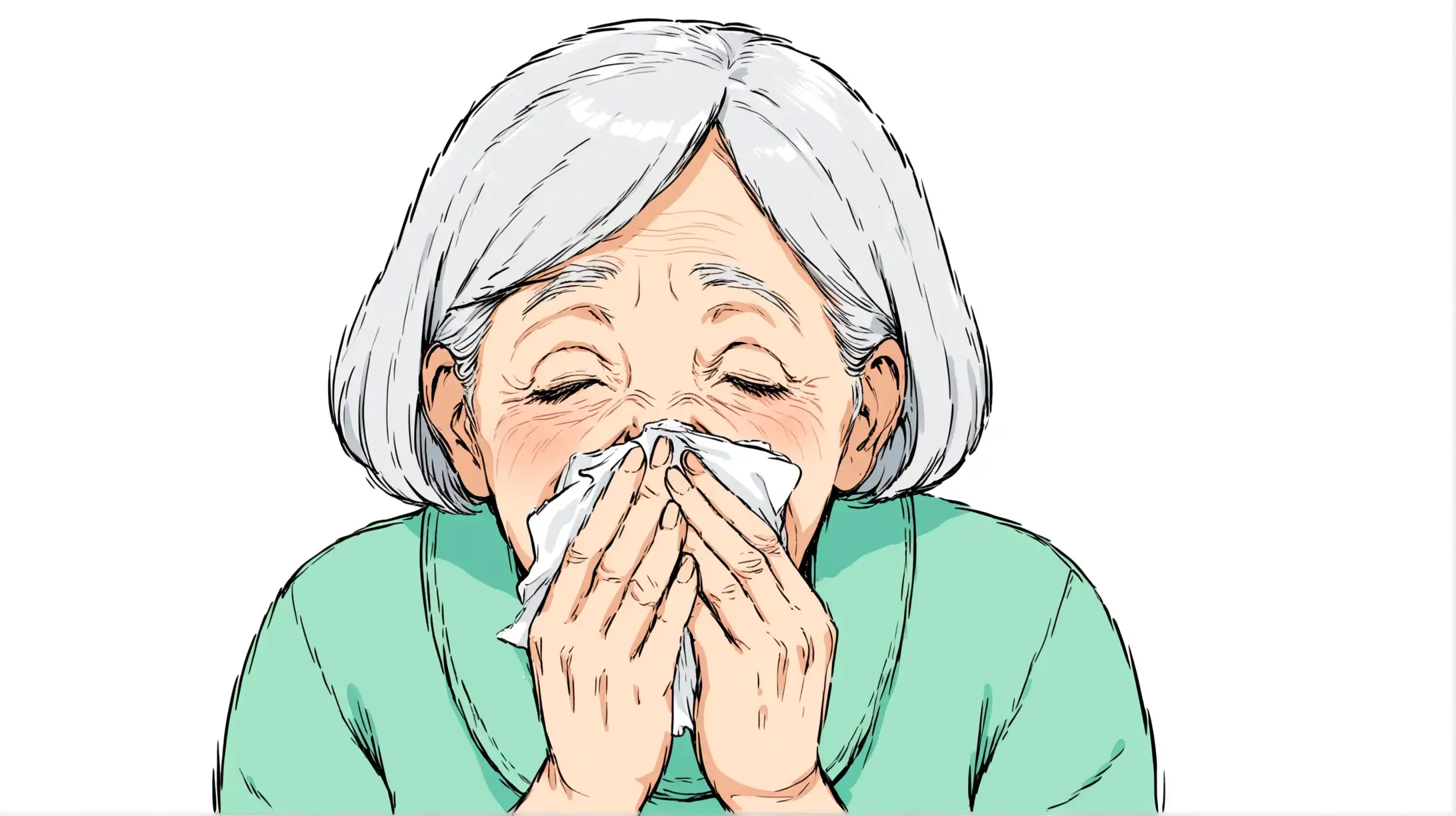 simple DRAWING illustration of a grandma sneezing covering his nose with tissue paper and the other side of the image is grandma happy breathing fresh air on a white background. 