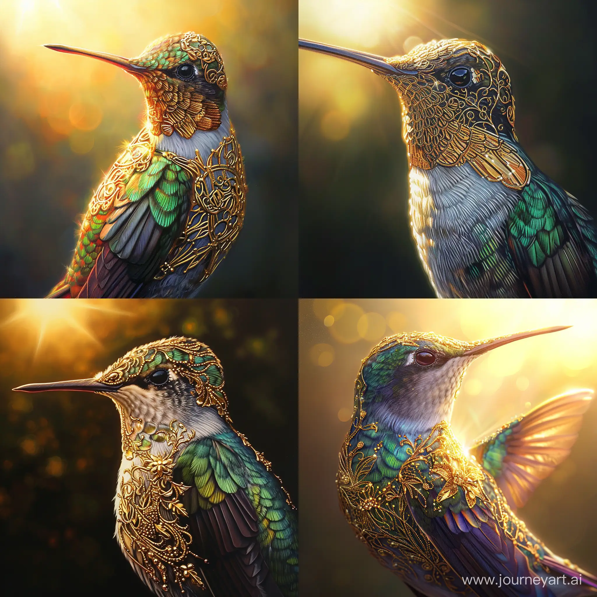 close up artwork of a hummingbird, with intricate gold filigree covering body enhancing its royal appearance, vibrant colours, highly detailed, serene atmosphere. Soft sunlight gracefully illuminates the subject's body and feathers, casting a dreamlike glow.
