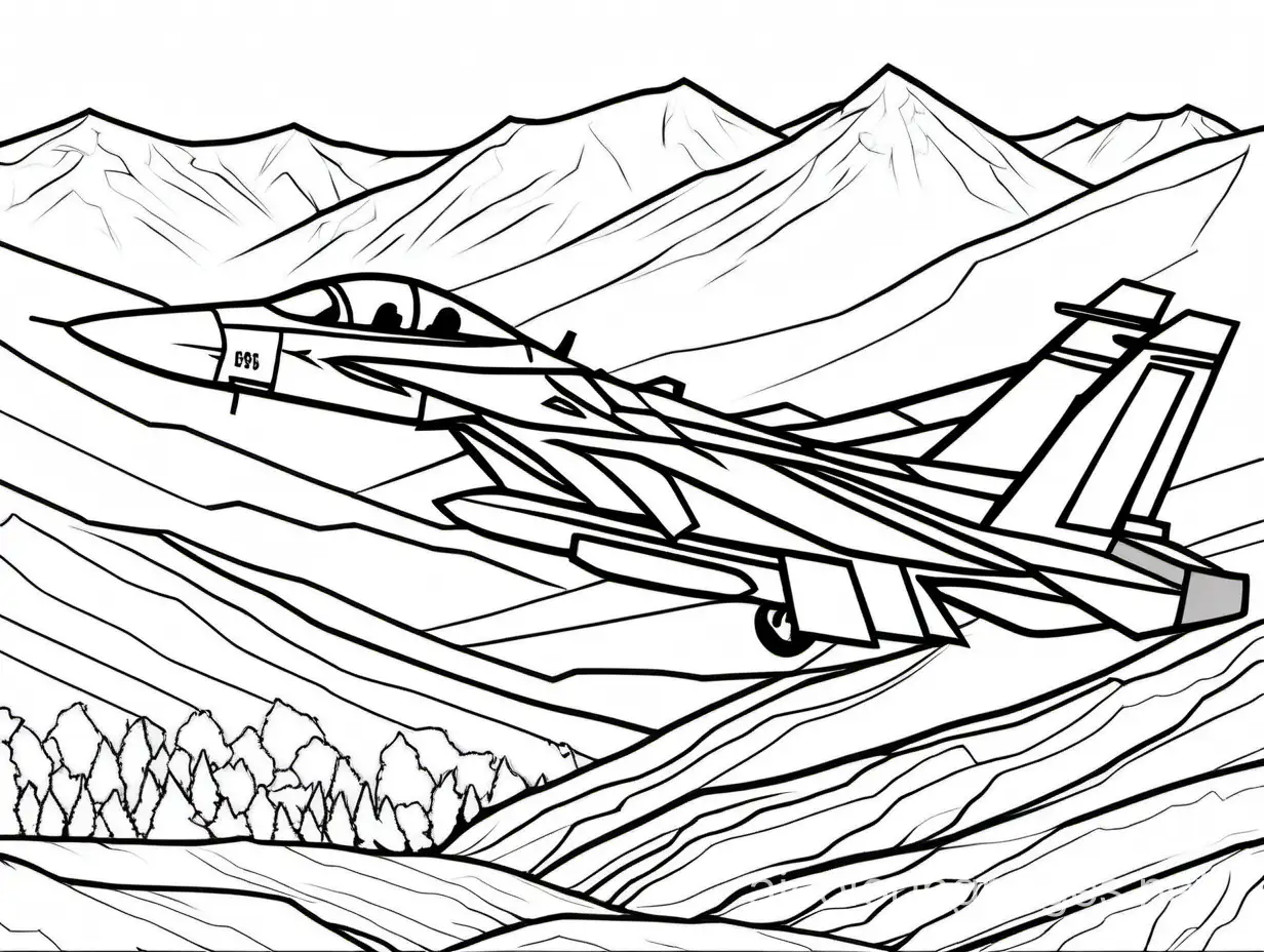 F15 jet in flight, seen from the side and slightly above. in the background mountains and a river below., Coloring Page, black and white, line art, white background, Simplicity, Ample White Space. The background of the coloring page is plain white to make it easy for young children to color within the lines. The outlines of all the subjects are easy to distinguish, making it simple for kids to color without too much difficulty