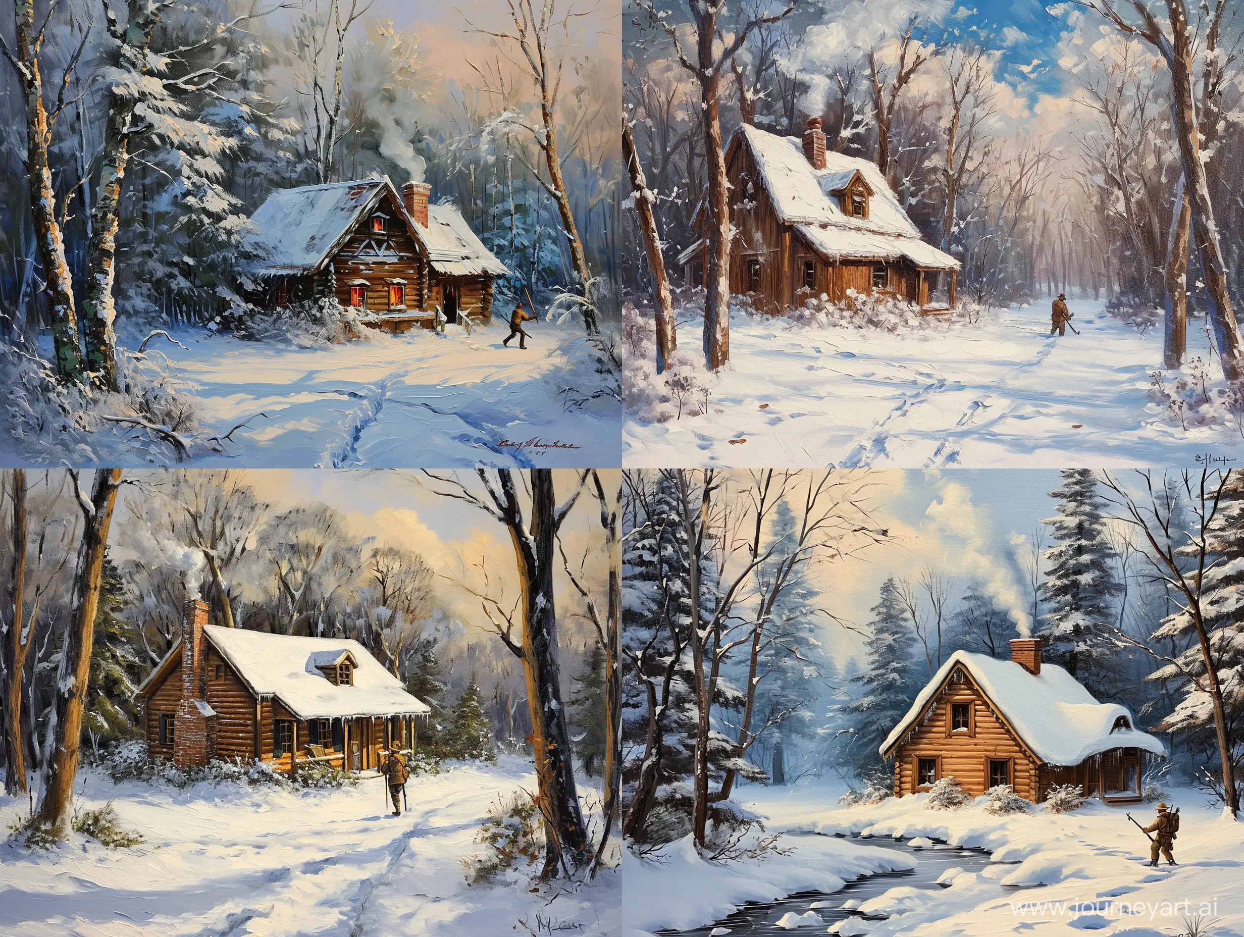 Realism-Oil-Painting-Snowy-Forest-House-with-Smoking-Chimney-and-Hunter