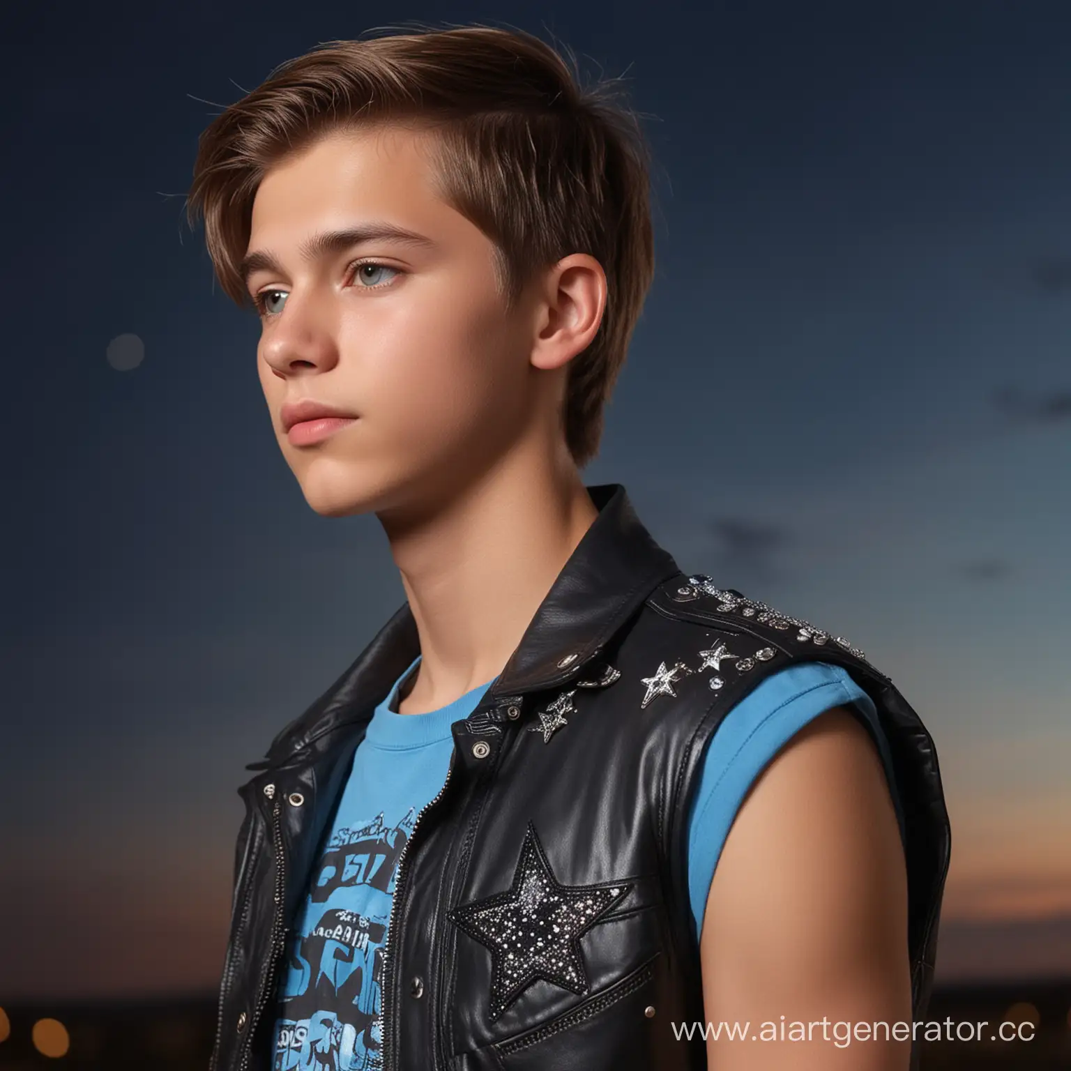 Russian boy 15 years old, very beautiful, Looking at the night sky, stars in the sky, July.
black leather sleeveless jacket, blue T-shirt, runway, 
on the background of, 
masterpiece, best quality, highres, 
8k, ray tracing, 
intricate details, highly detailed, 
perfect face, russian face