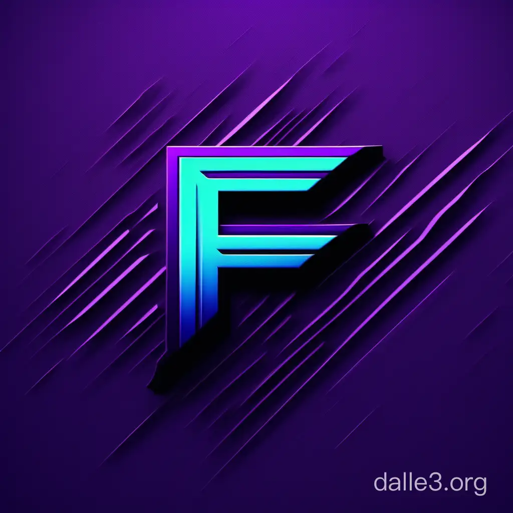 Тёмный фиолетовый логотип объёмная буква F по середине чёрный фон с синими полосками с выражением минимализма с выражением агрессивности
