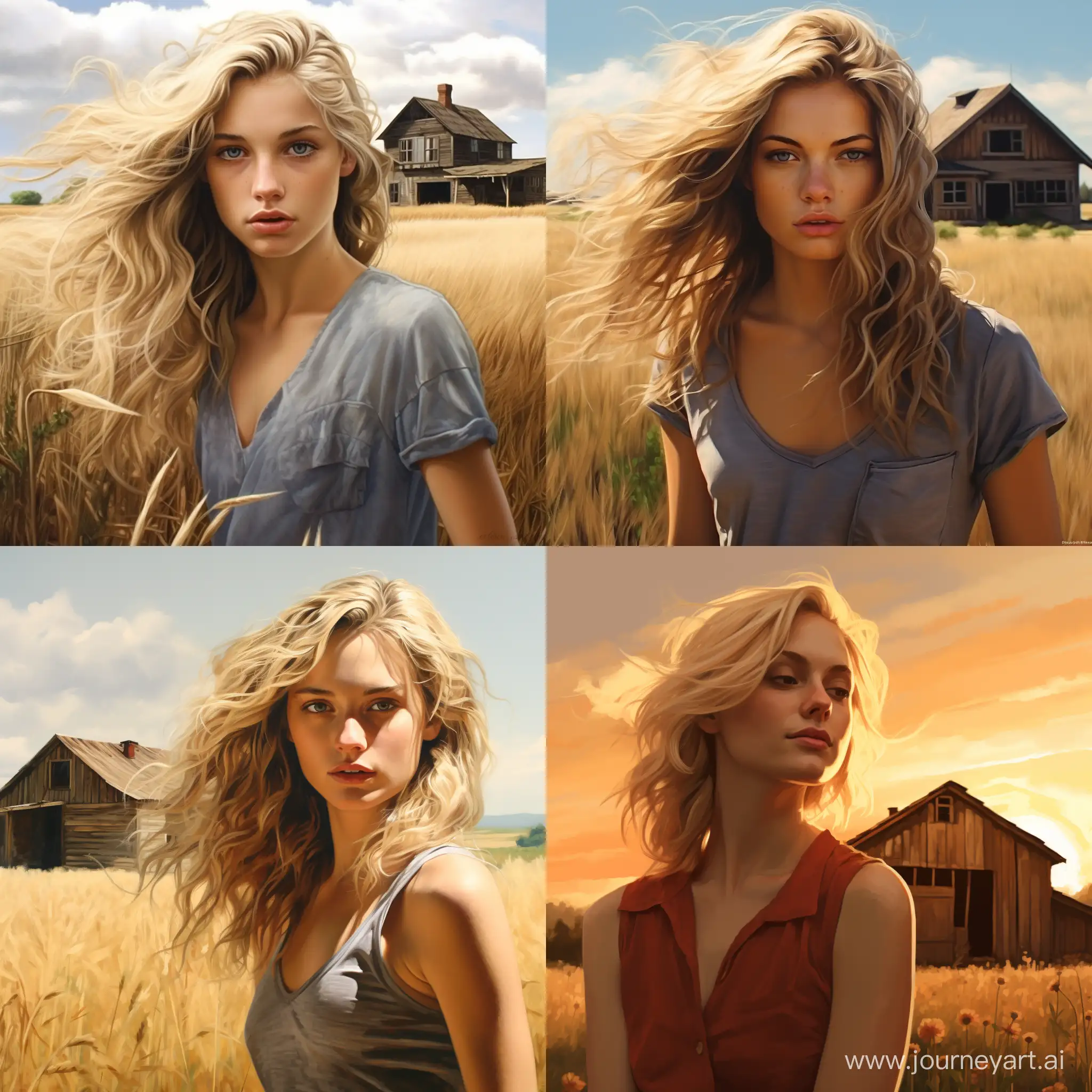 BlondHaired-Girl-in-Serene-Open-Field-with-Wooden-House