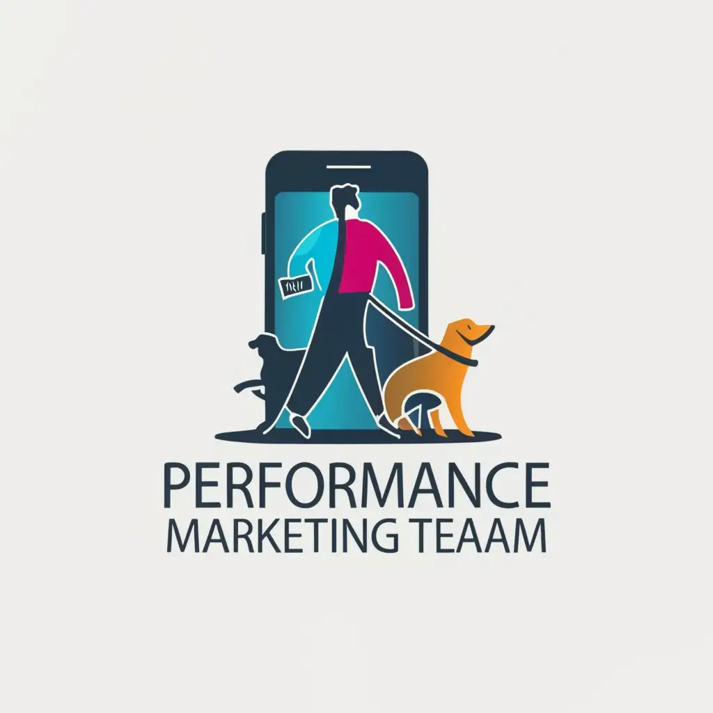 a logo design,with the text 'Performance Marketing Team', main symbol:Dog and human walking with smartphone,Moderate,be used in Technology industry,clear background