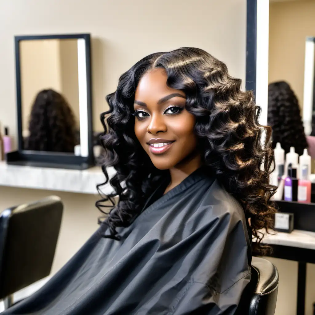 black woman at a hair salon sitting in salon chair with 22" long wavy hair