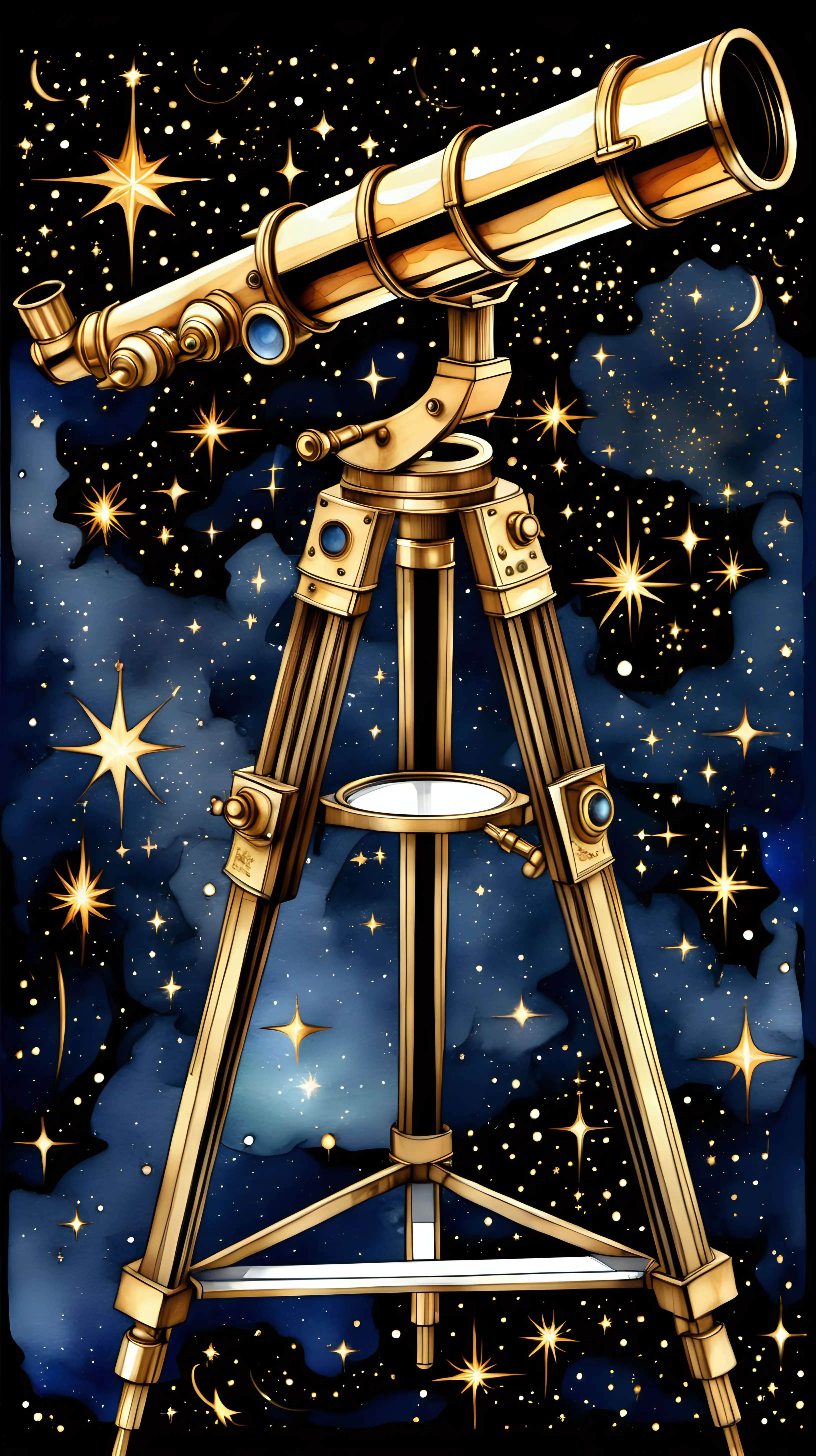 watercolor telescope beautiful intricate designs, telescope with constellations engraved, gold telescope, just the telescope, no tripod, use watercolor style