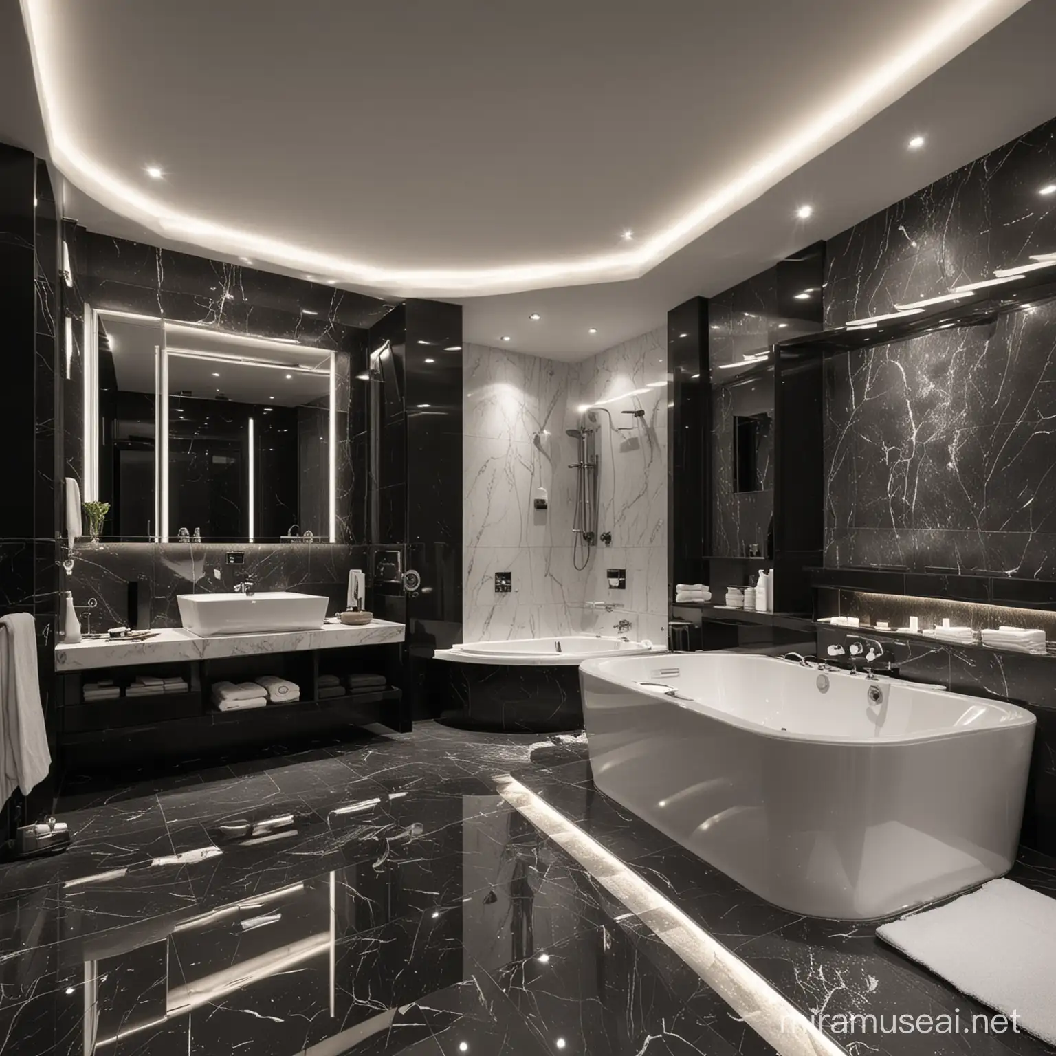 Luxurious Black and White Bathroom with Jacuzzi at Night