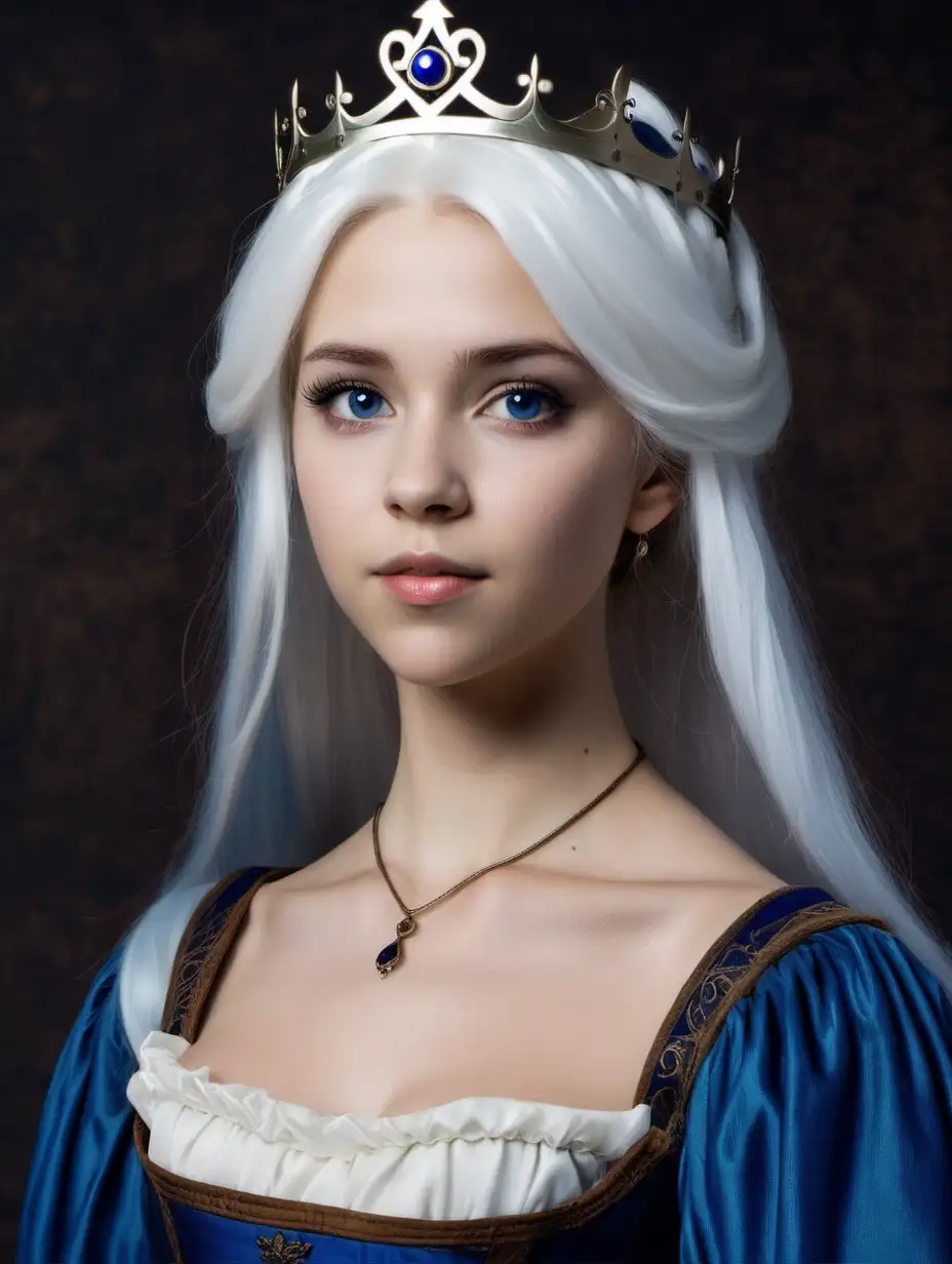 princess, 25 years old, blue medieval dress, white hair with some brown, round face
