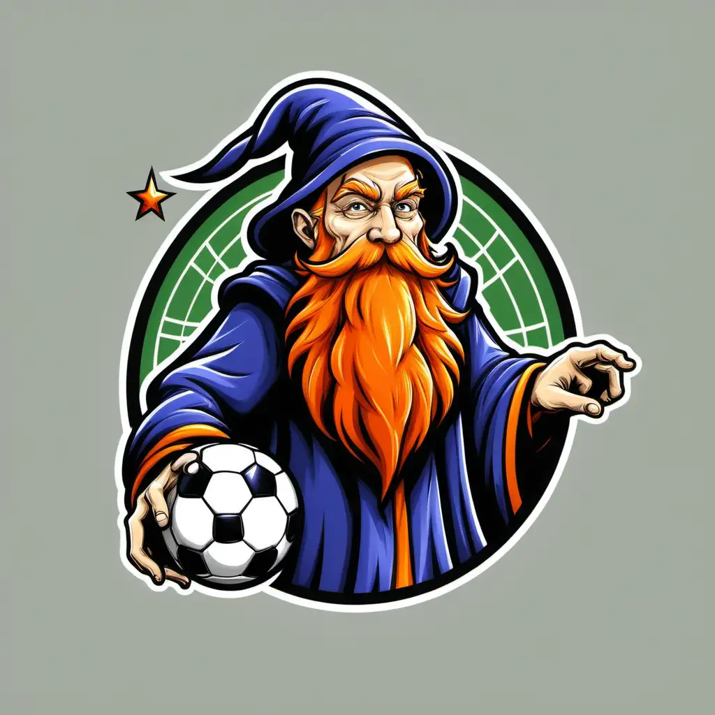 design a logo of a wizard and a soccer ball. The wizard should have an orange  beard, his age is about 30 . no writing in the logo


