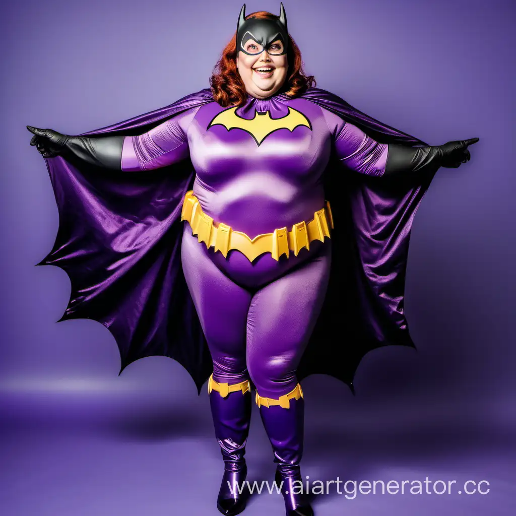A full body picture of a smiling middle aged chubby Caucasian woman in a purple batgirl costume with her arms at her sides