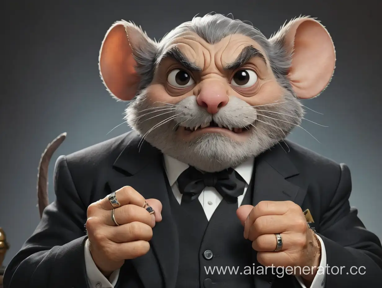 an old mouse with a gray mustache and eyebrows, the leader of the mafia, in a black suit and with rings on his fingers, he has a cunning look