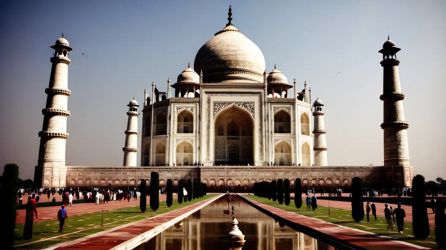 show Taj Mahal at its best shape and show its beauty roylaty and greatness,a wide angle image showing show taj mahal at its peak beauty
