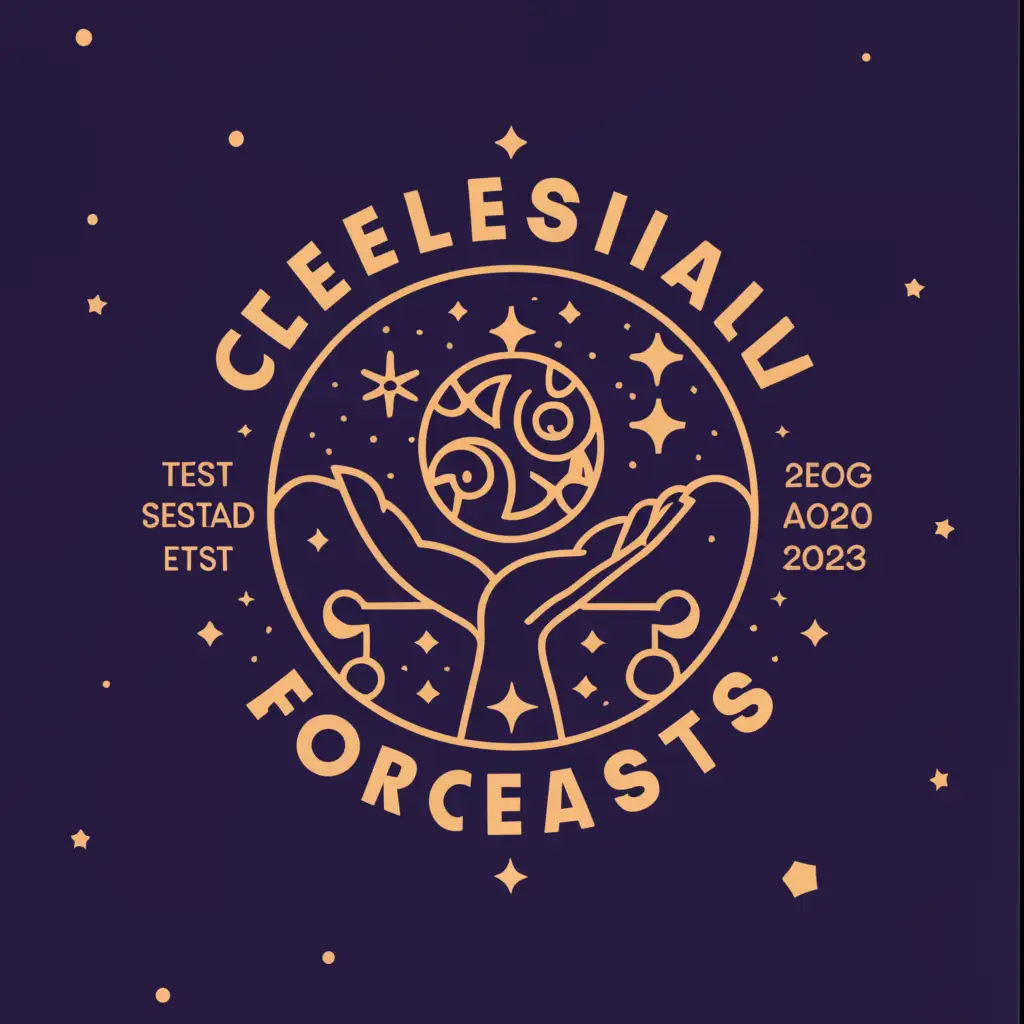 a logo design,with the text "Celestial forecasts", main symbol:Graphic depiction of a hand holding a planet surrounded by zodiac signs. Pink, purple, and golden colors. Bright, standout logo,Moderate,clear background