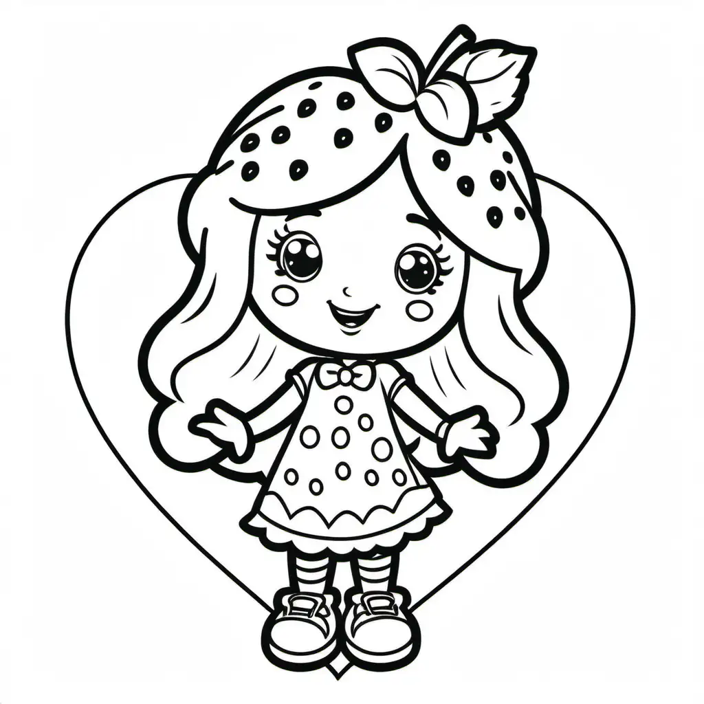 strawberry shortcake, valentine theme, coloring book page, simple and clean line art, children drawing book. in color, crisp black lines, sharp lines. Simple coloring page for kids, featuring a cartoon style, very white background, no shades