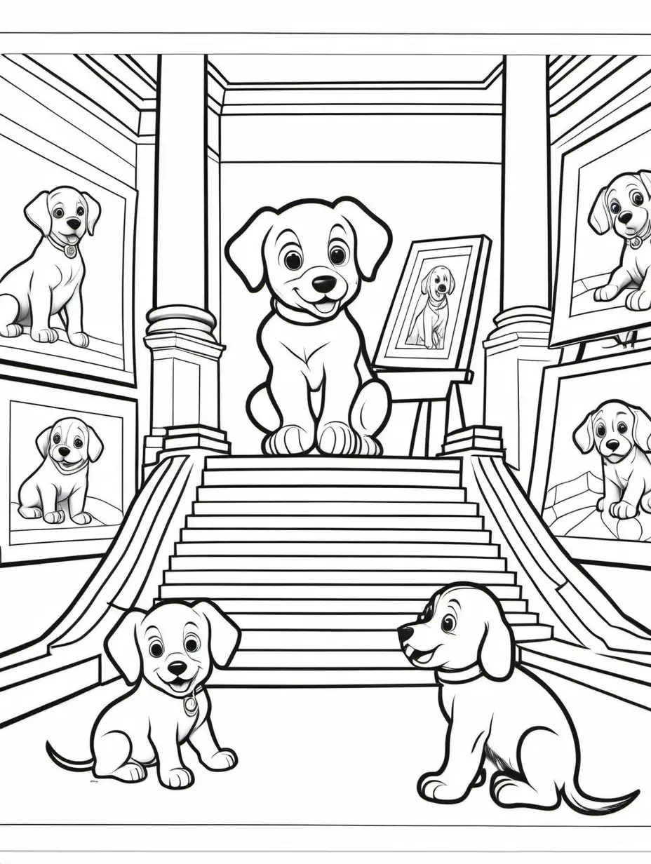 Coloring book page for young child, Puppy's Day at the Museum: Puppies wandering through a museum, looking at paintings, and sculptures, no bleed, Coloring Page, black and white, line art, white background, Simplicity, Ample White Space. The background of the coloring page is plain white to make it easy for young children to color within the lines. The outlines of all the subjects are easy to distinguish, making it simple for kids to color without too much difficulty