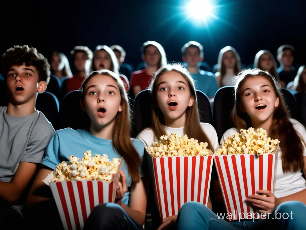 Teenagers watching a movie in the cinema. They are holding popcorn.