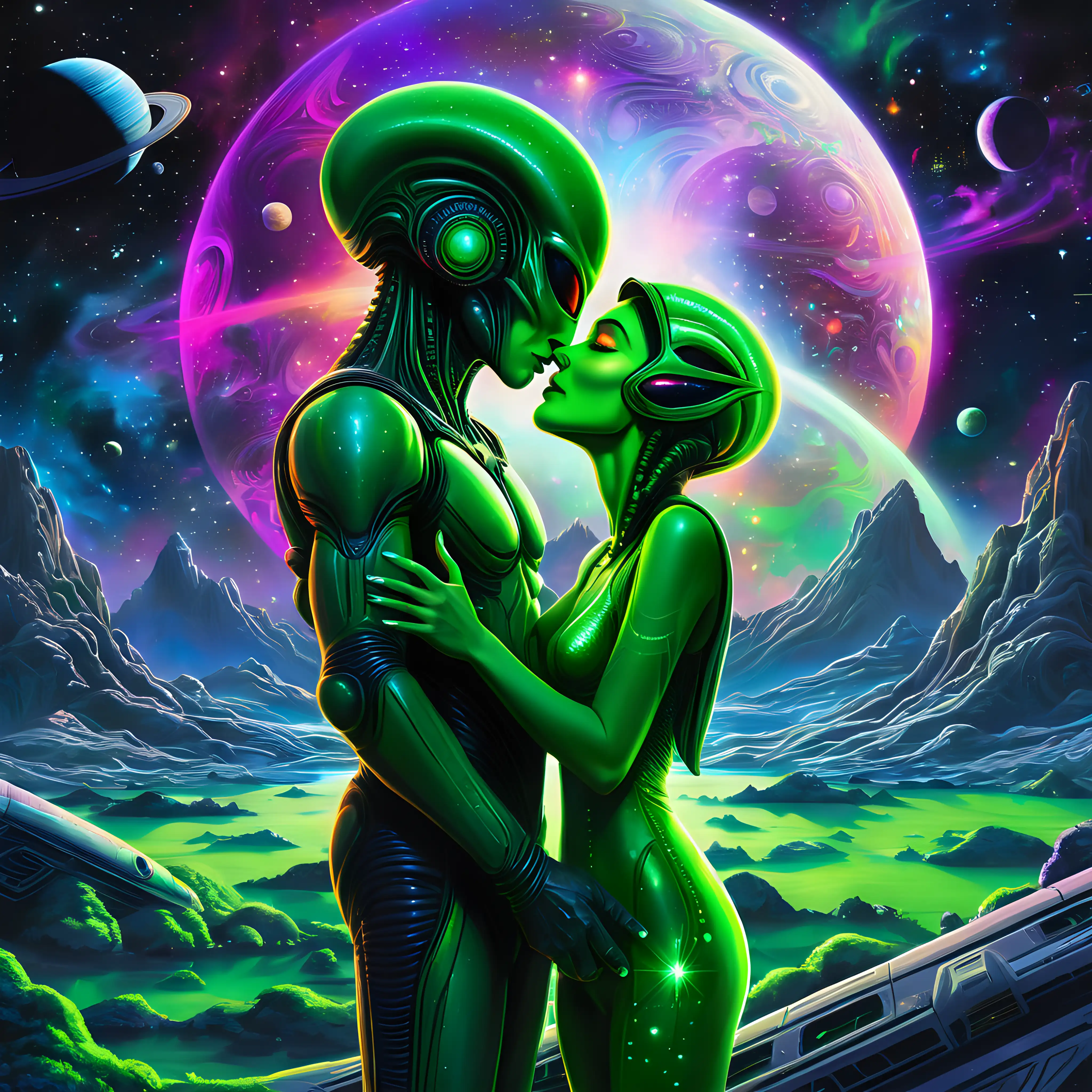 Alien graffiti masterpiece, lunar landscape backdrop, extraterrestrial couple, female and male aliens, extraterrestrial love, holding hands, hugging kissing, and smoking joints. Cosmic motifs, vibrant neon green hues, intelligently blended, richly saturated tones, star-studded sky, celestial bodies, nebulas, and spacecraft, cosmos-driven, intricate graffiti technique, futuristic design, digital artwork, high-resolution output, dynamic arrangement, urban street art feel, luminous highlights, intergalactic ambiance.