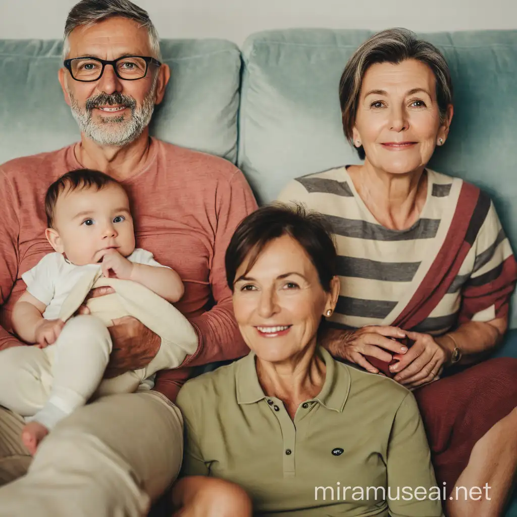 Family Portrait MiddleAged Couple with Children on Sofa