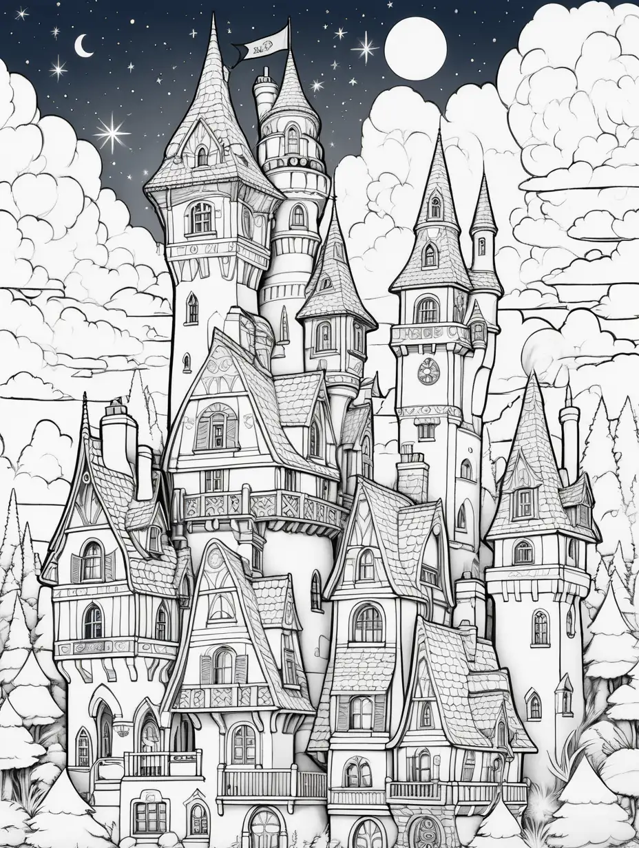 A Coloring book page, Mystical townhouses with wizard towers, spellbooks, and magical creatures, magical looking sky, The lines should be simple, suitable for younger colorists.